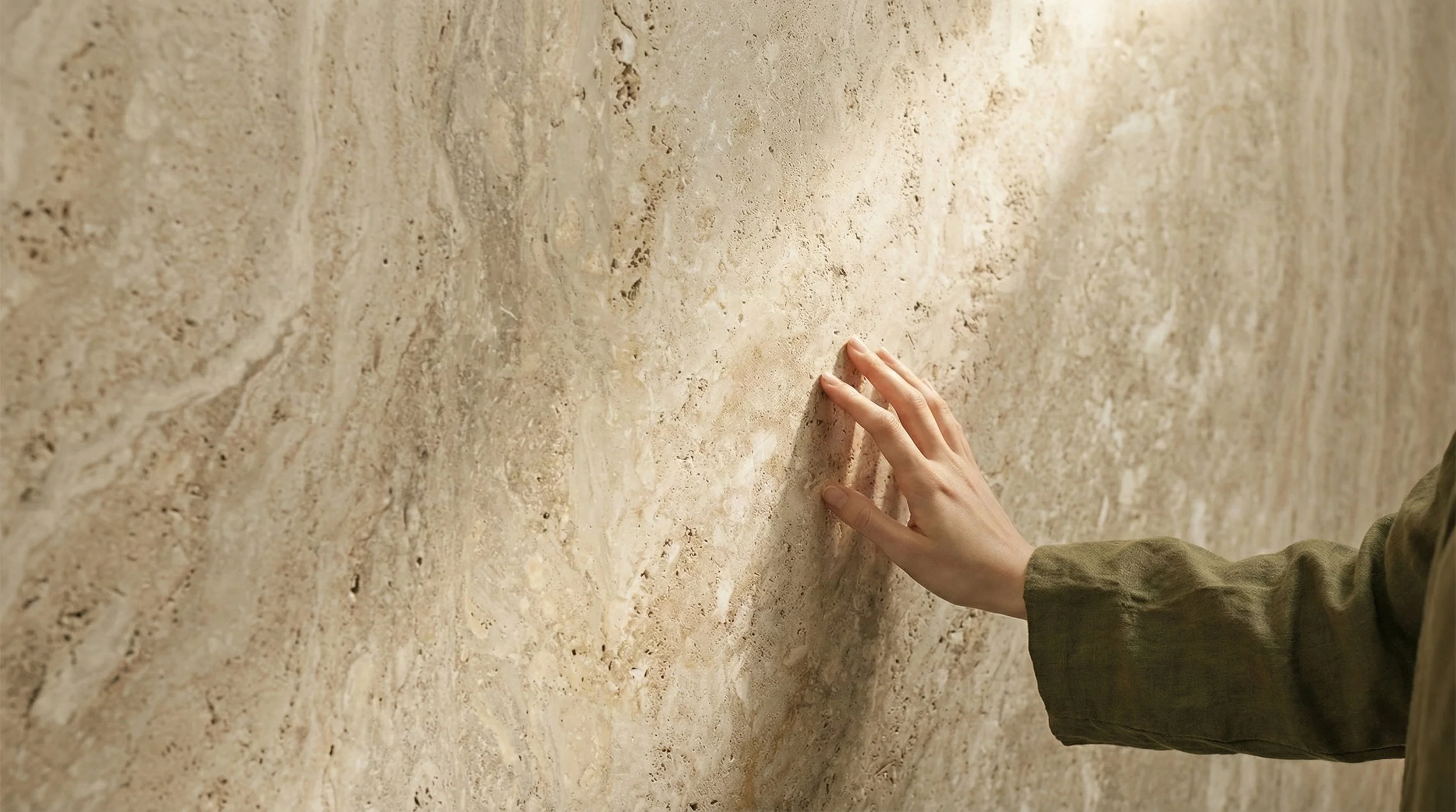 Close-up of a hand touching a beige, textured stone wall.