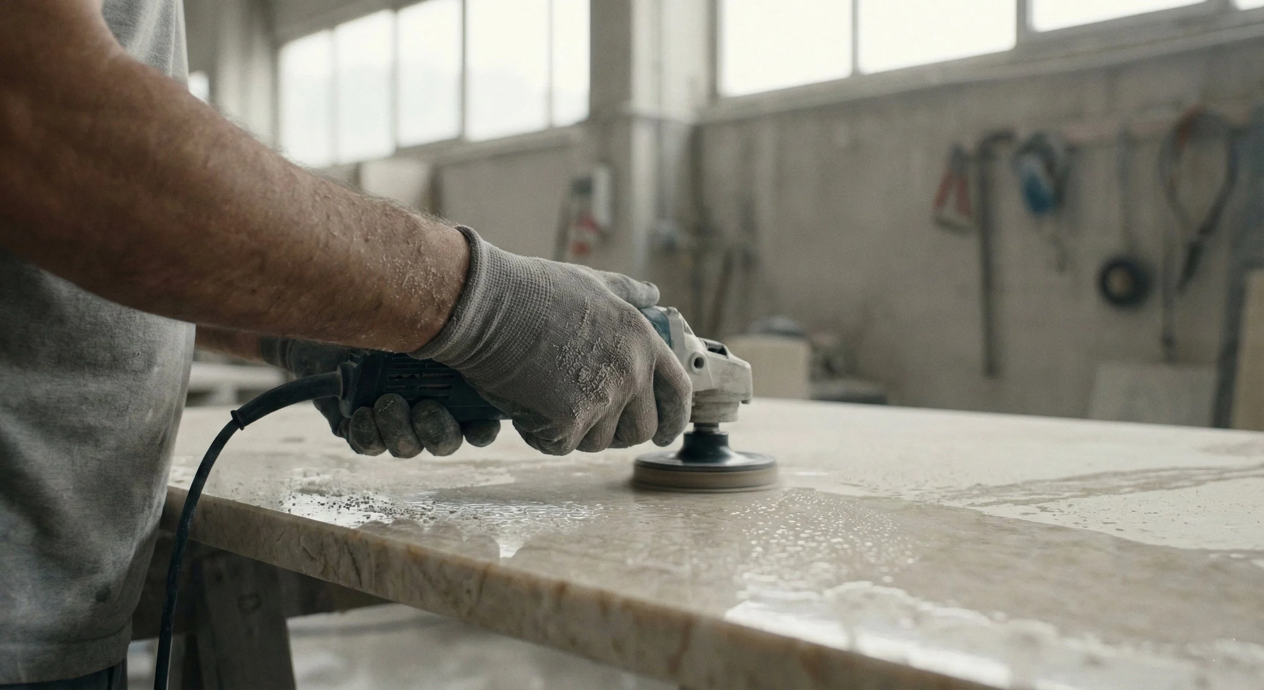 A person wearing gloves is using a power sander on a large piece of light-colored stone or marble in a workshop.