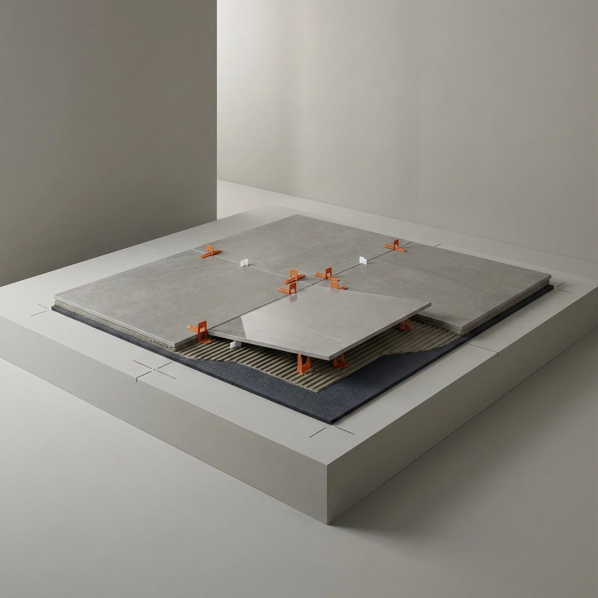 Architectural model of a tiled flooring layout with orange clips, gray tiles, black underlayment, and striped base, displayed on a white platform.