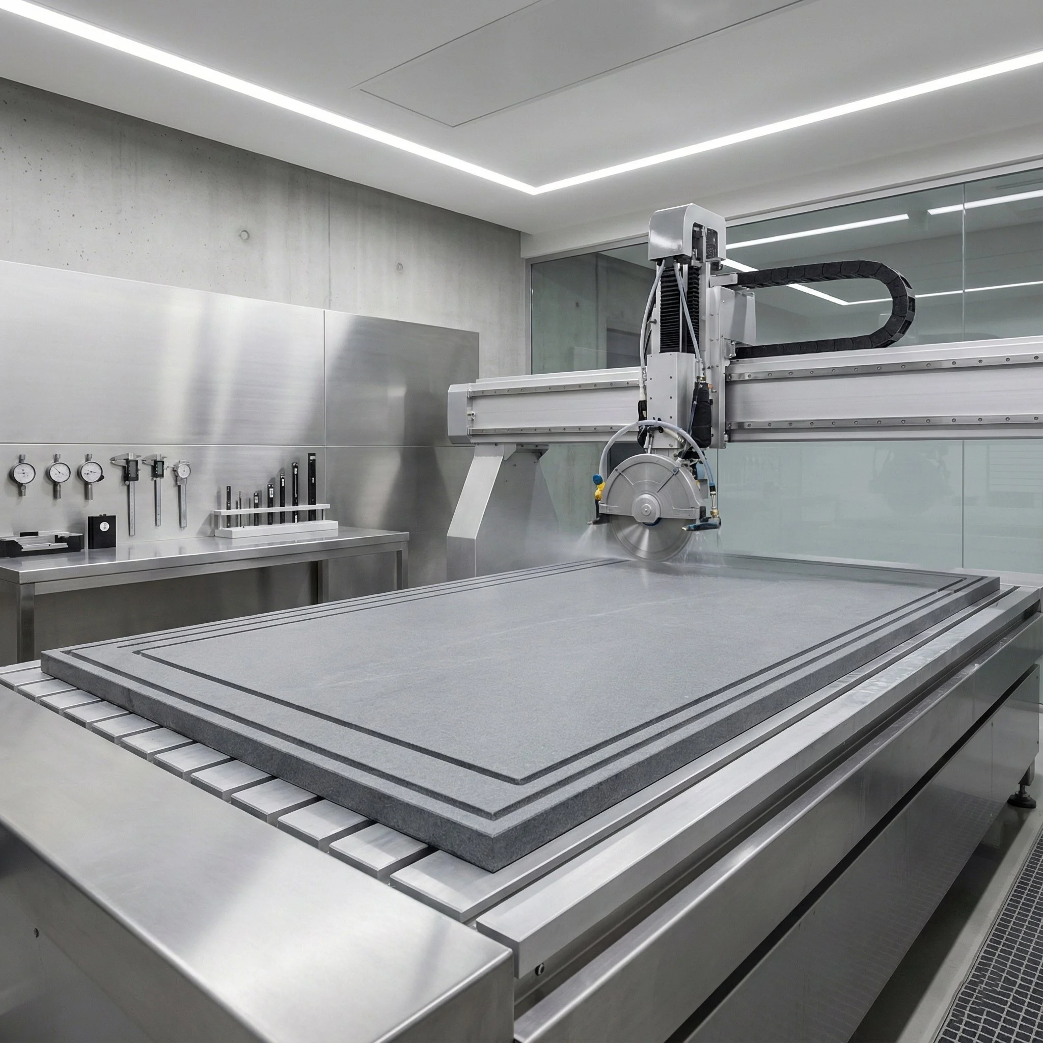 A large industrial CNC machine working on a flat slab of stone or granite in a modern laboratory setting.