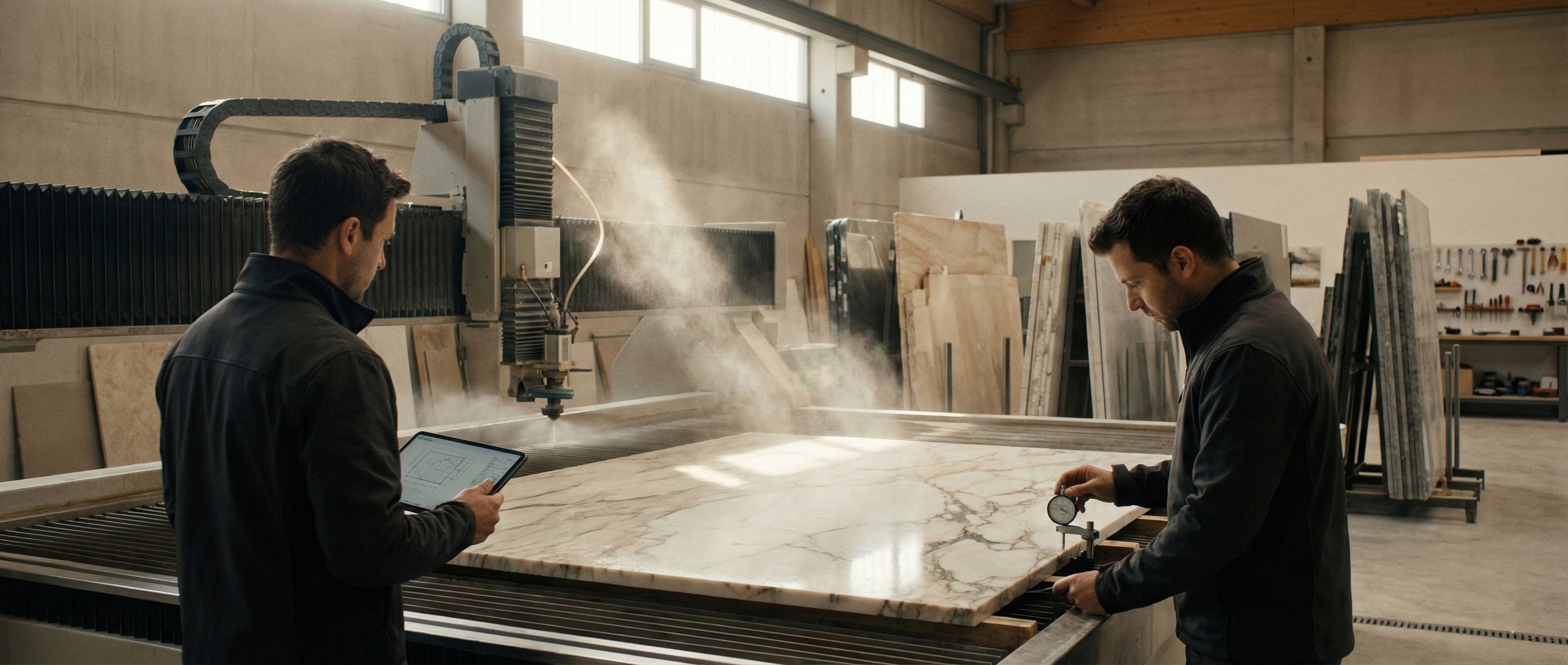Two men examine a large marble slab in a workshop. One man reads from a tablet, and the other measures the slab's thickness with a dial gauge. There are tools and other marble slabs in the background.
