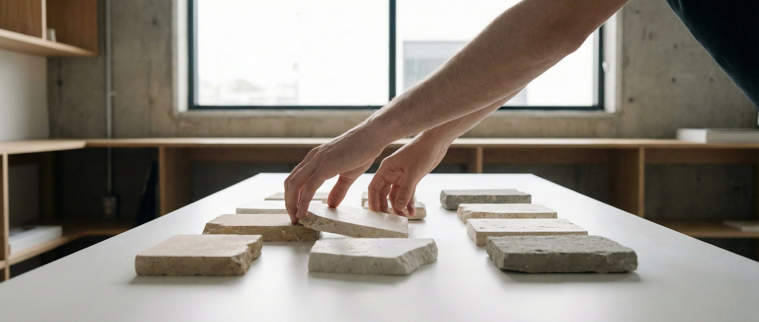 Person arranging rectangular stone tiles on a white table in a room with large windows and wooden shelves.