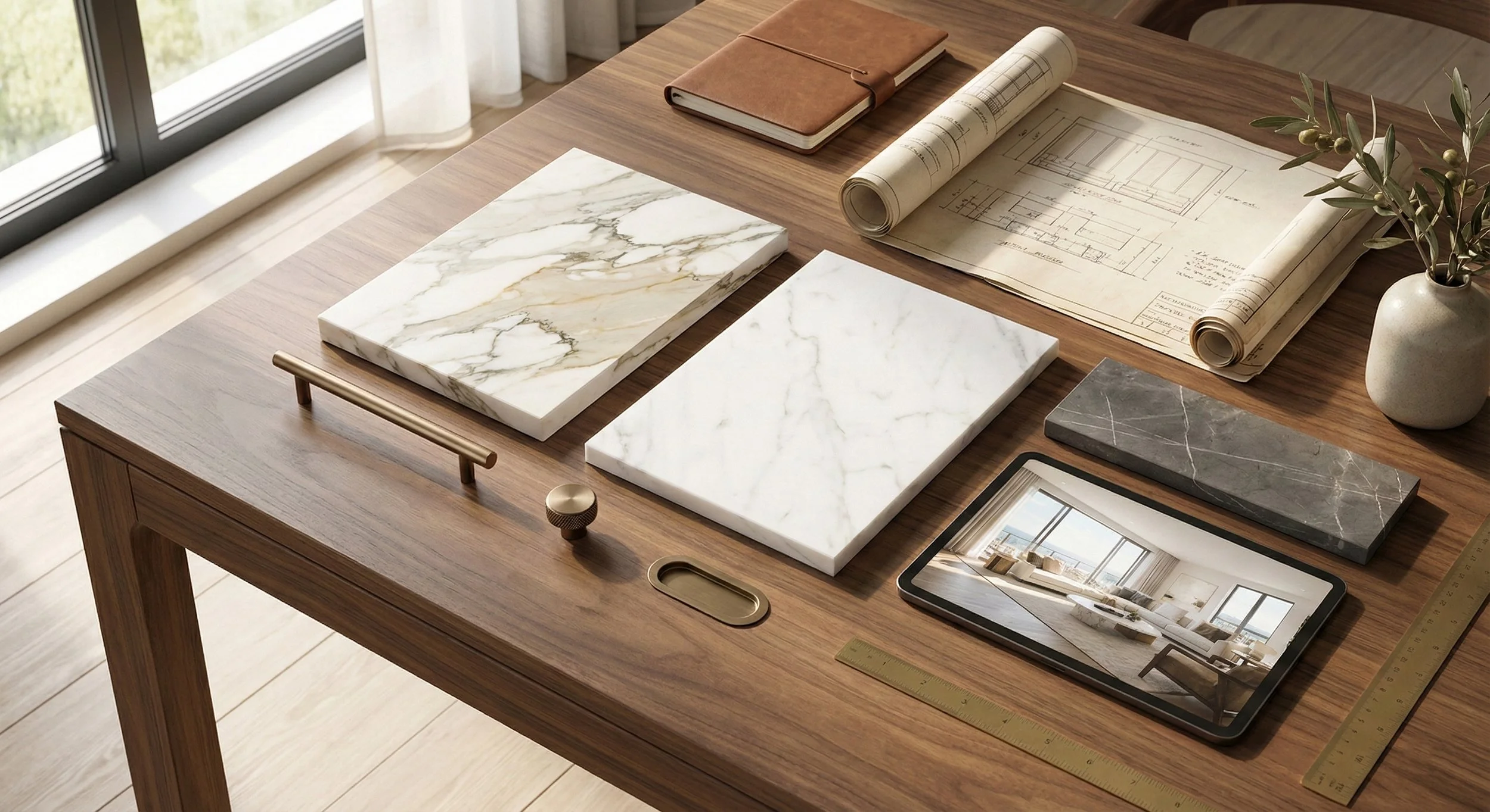 A wooden desk with marble samples, a ruler, a tablet showing a modern living room, architectural blueprints, a small potted plant, and a leather notebook.