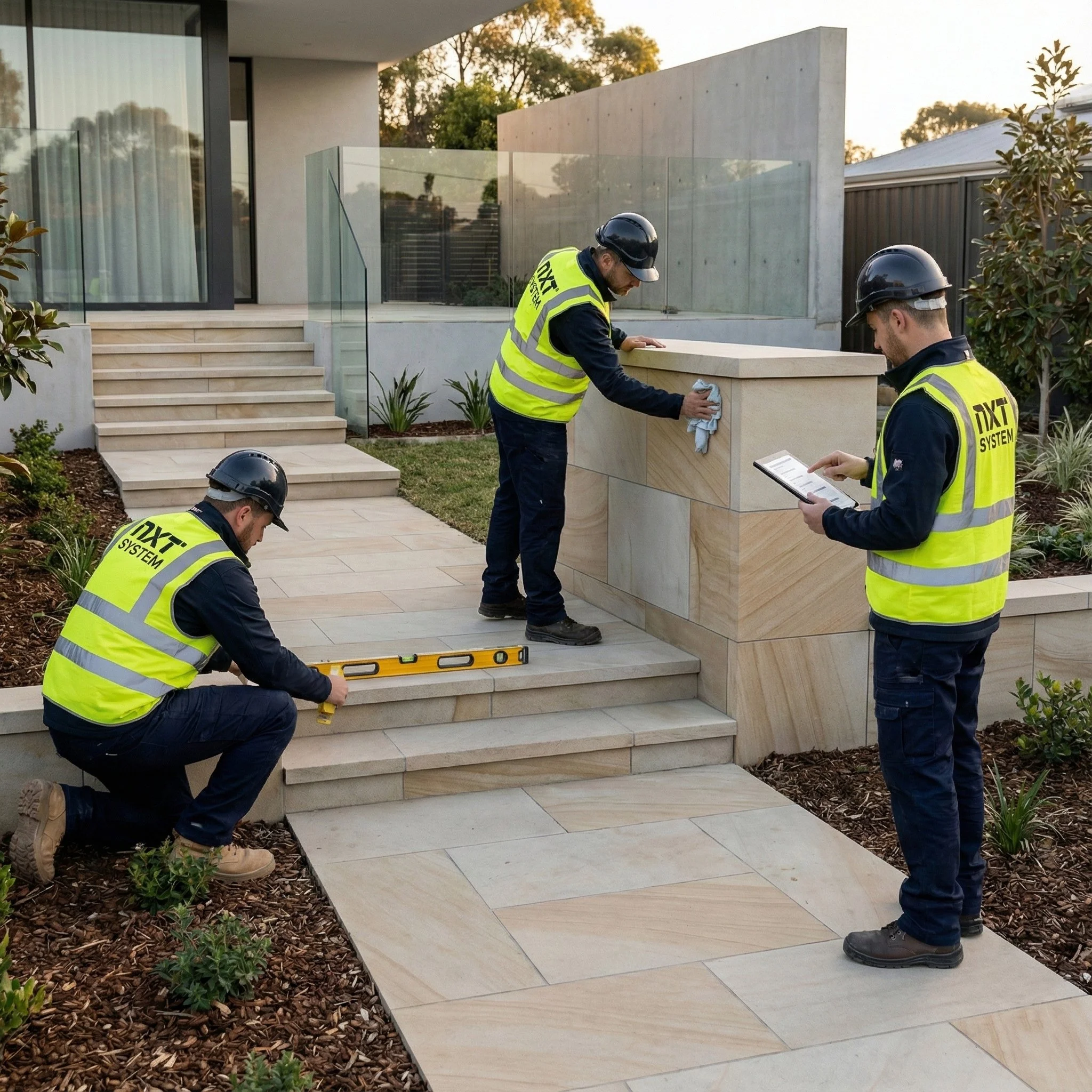 Construction workers installing stone tiles on outdoor stairs at a modern home, with one worker measuring, another cleaning, and others reviewing plans.