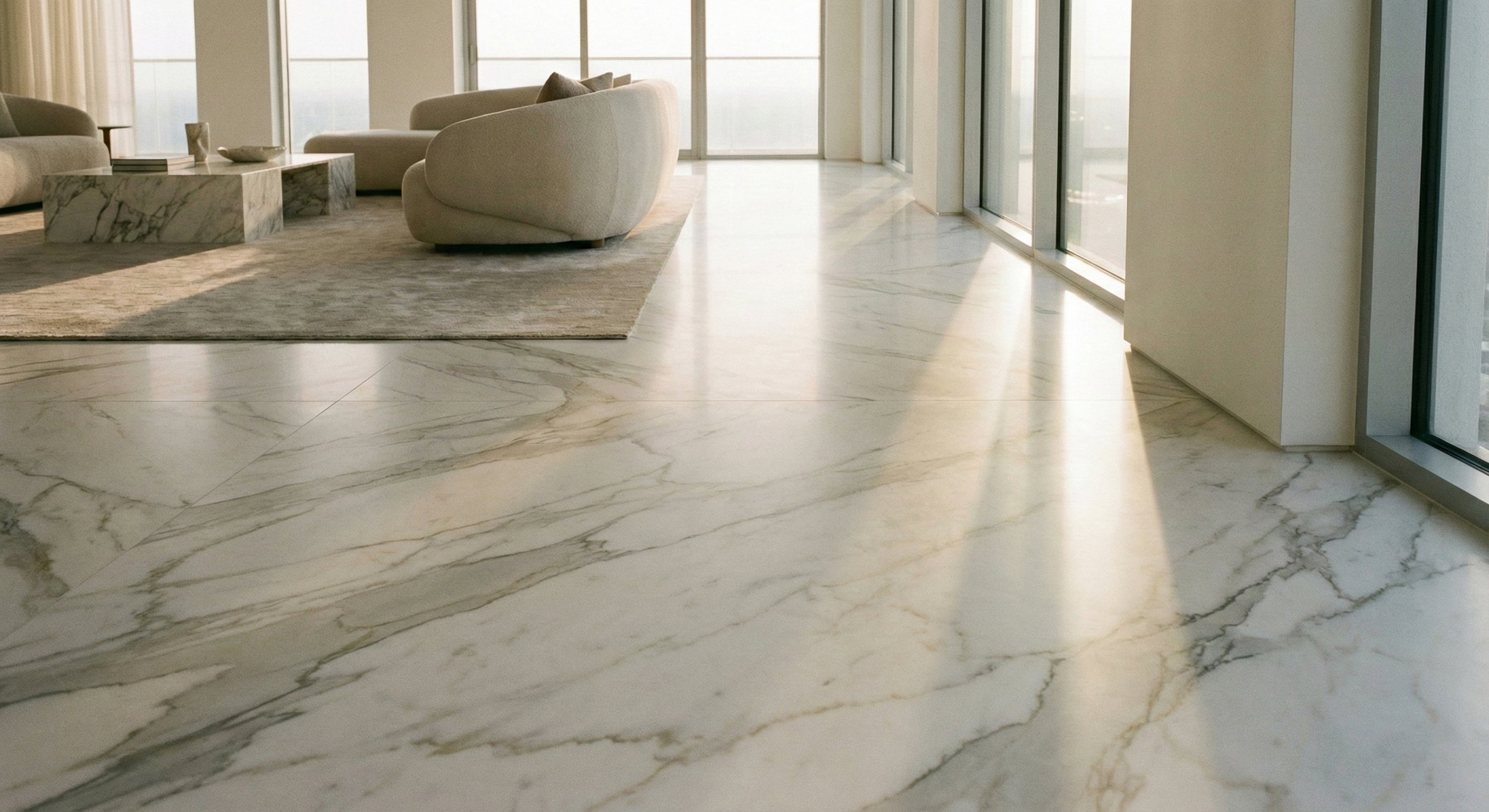 Living room with white marble flooring, sunlight streaming through glass windows, and beige furniture including armchairs and a marble coffee table.