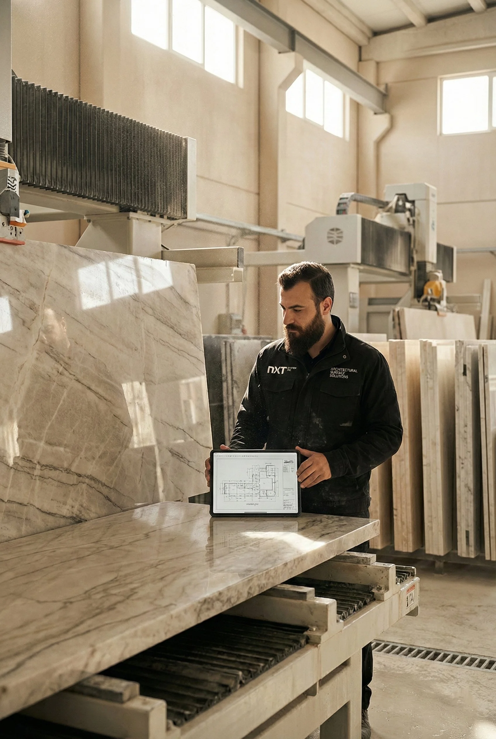 A man with a beard in a black work uniform examining a tablet displaying a blueprint or technical drawing inside a marble or stone manufacturing facility, with machinery and large slabs of stone in the background.
