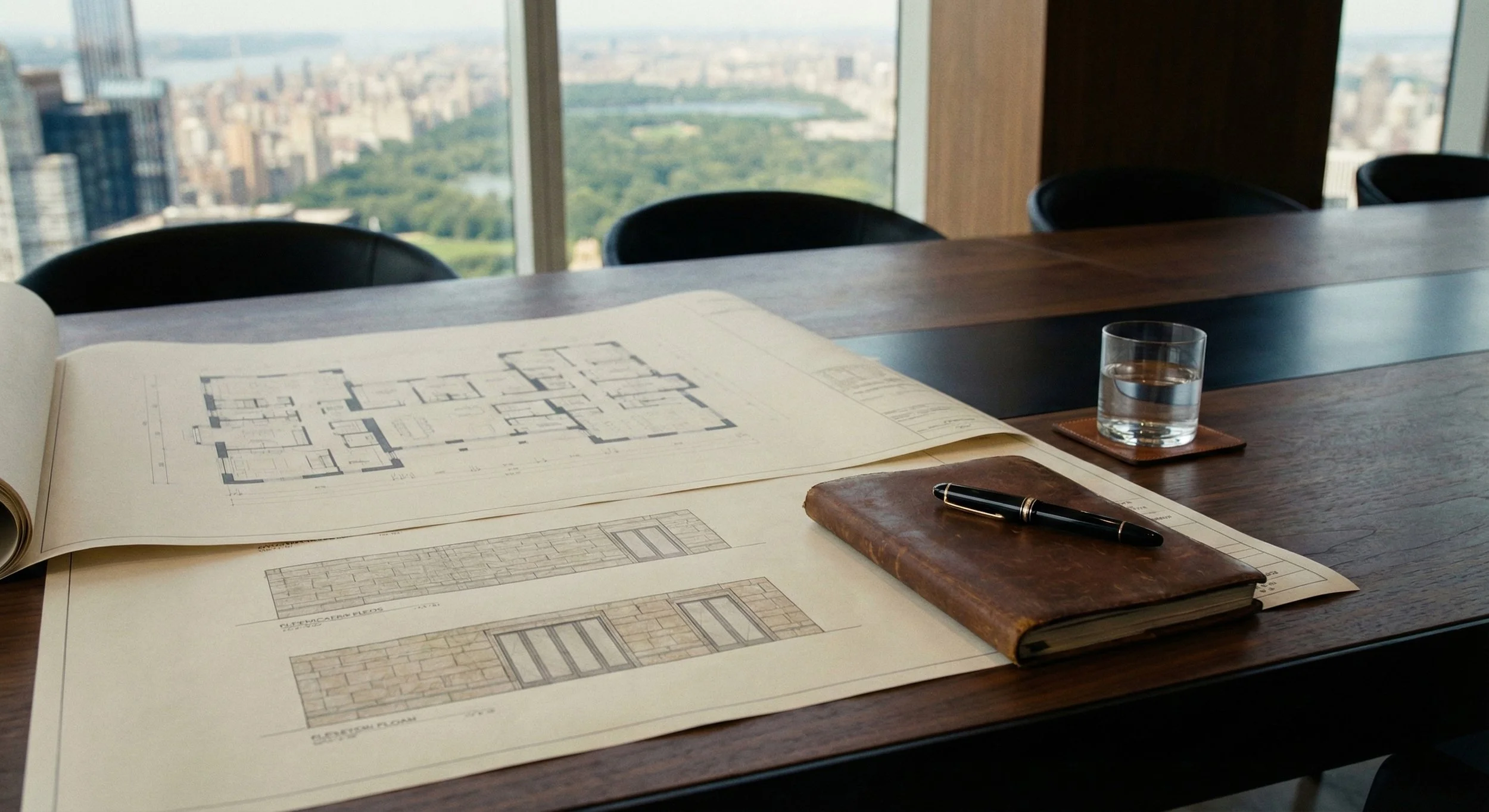 Conference room table with architectural blueprints, a leather-bound notebook, a pen, and a glass of water, with a city view through large windows in the background.