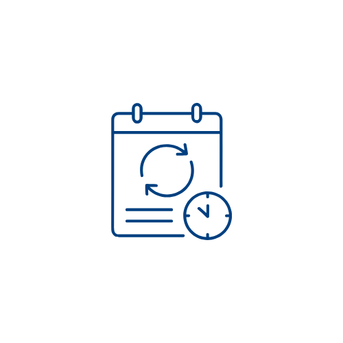 Icon of a calendar with a refresh symbol and a clock, representing scheduling or time management.