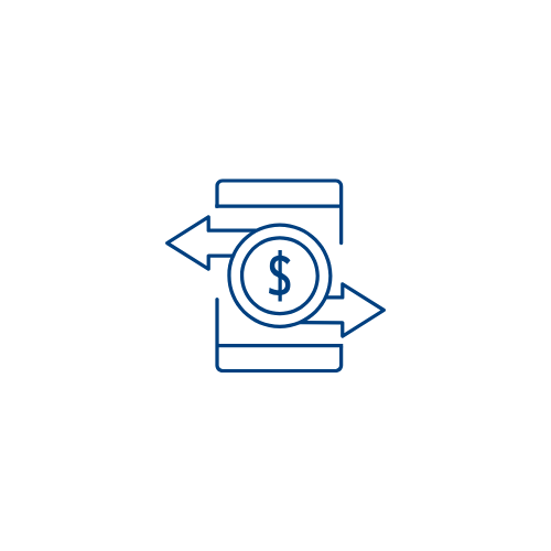 Outline of a smartphone with a dollar sign coin in the center, and two arrows pointing left and right, representing financial transactions or money transfer.
