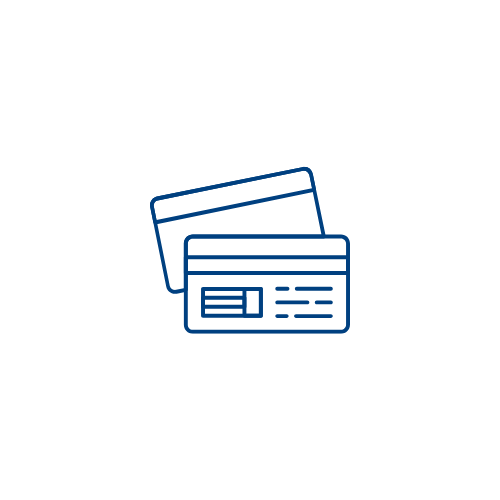 Icon of two credit cards, one overlapping the other, with blue outlines on a black background.