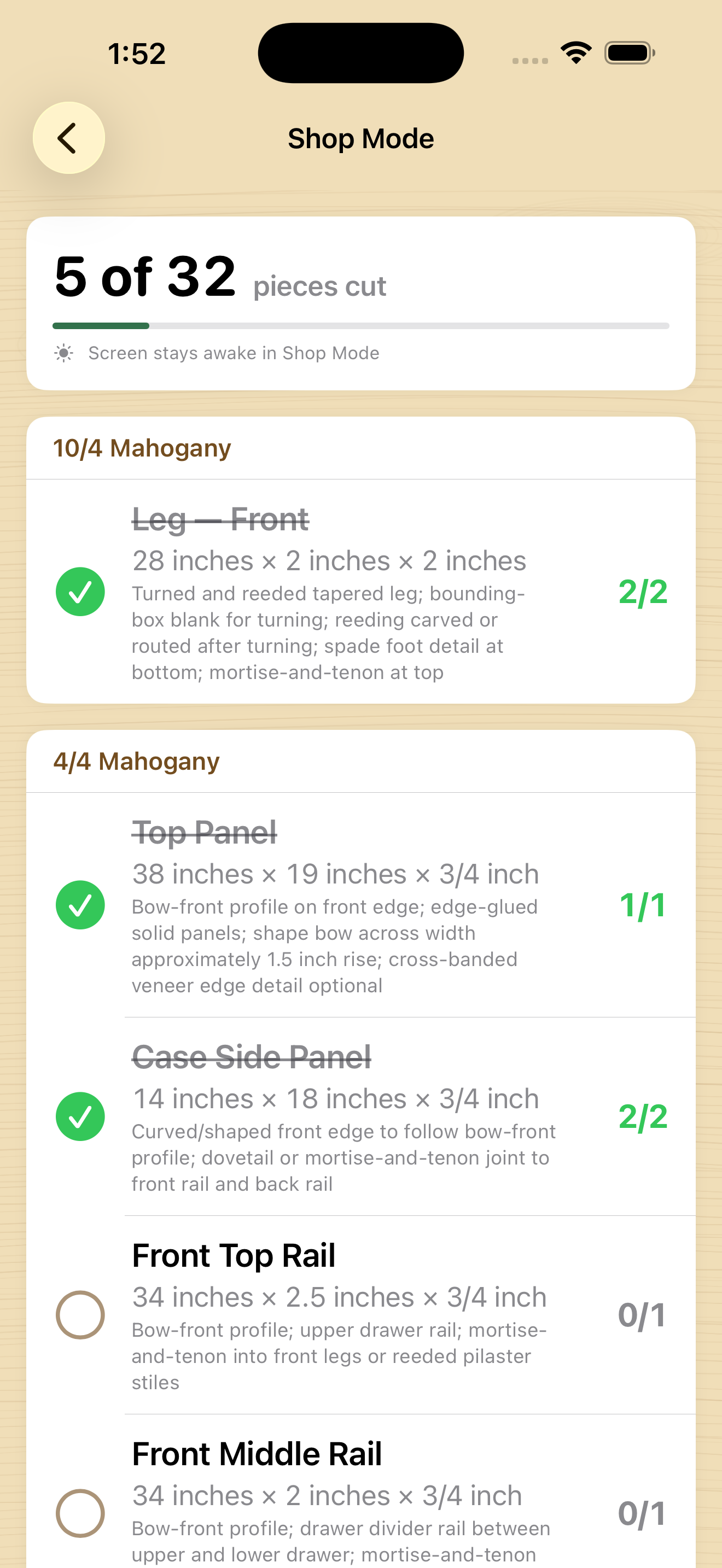 Shop Mode cutting checklist