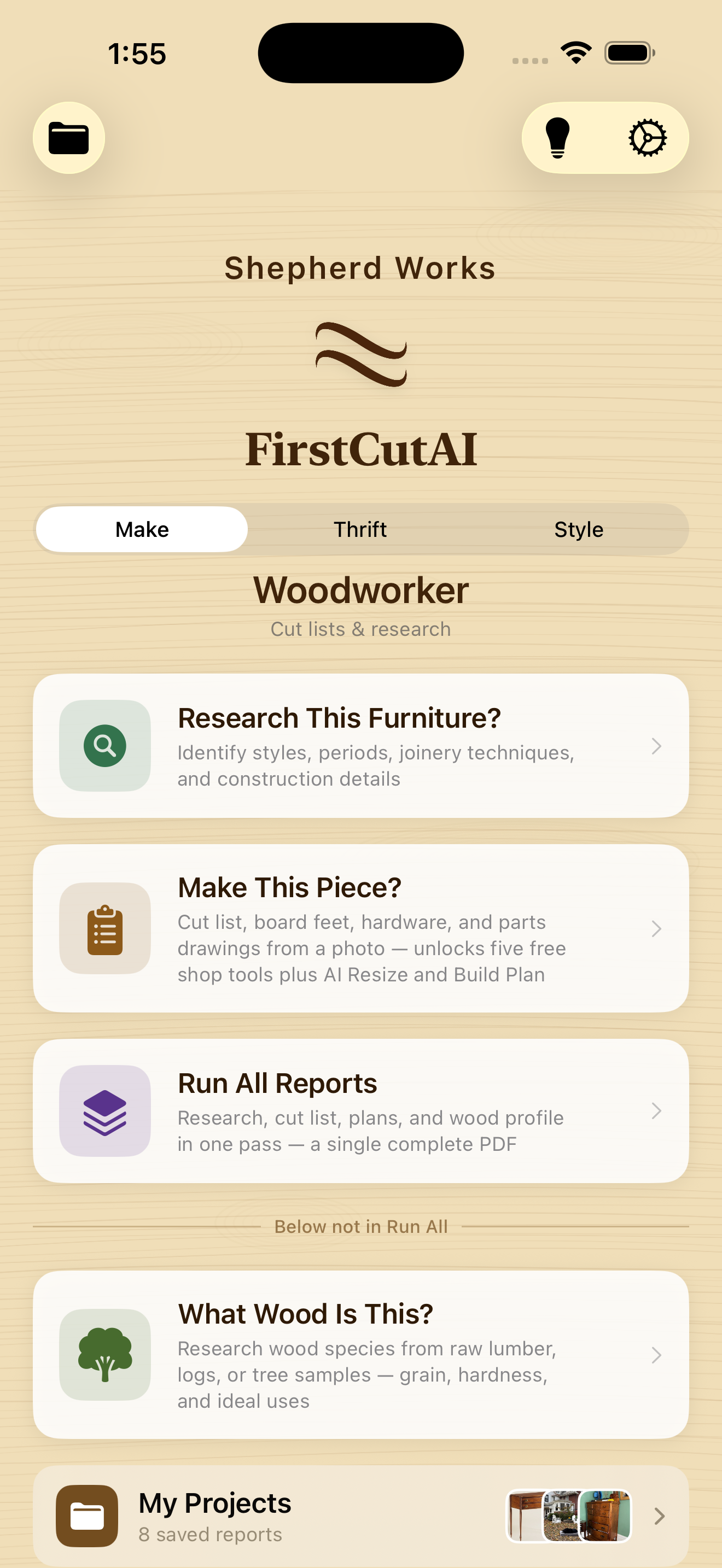 FirstCutAI home screen with three modes
