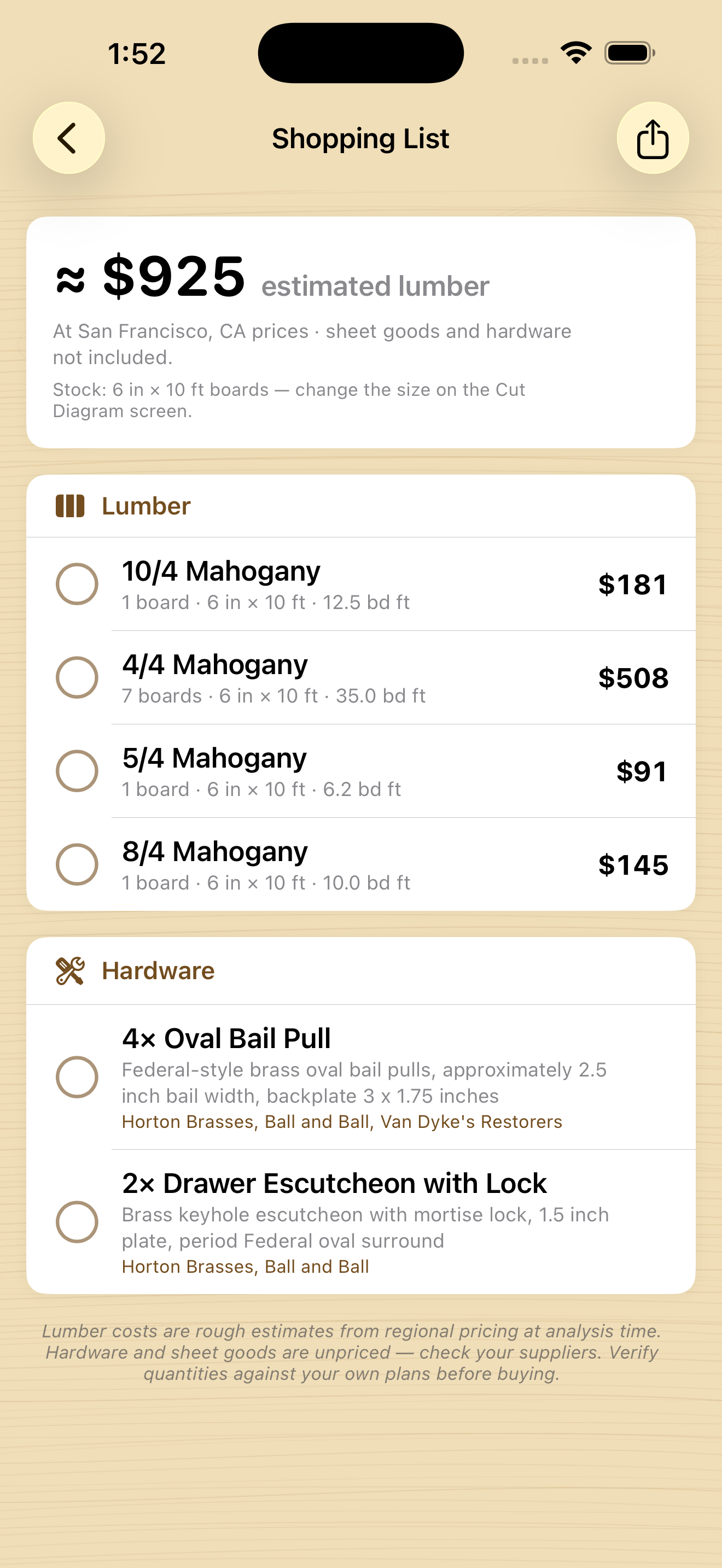 Shopping List with priced lumber