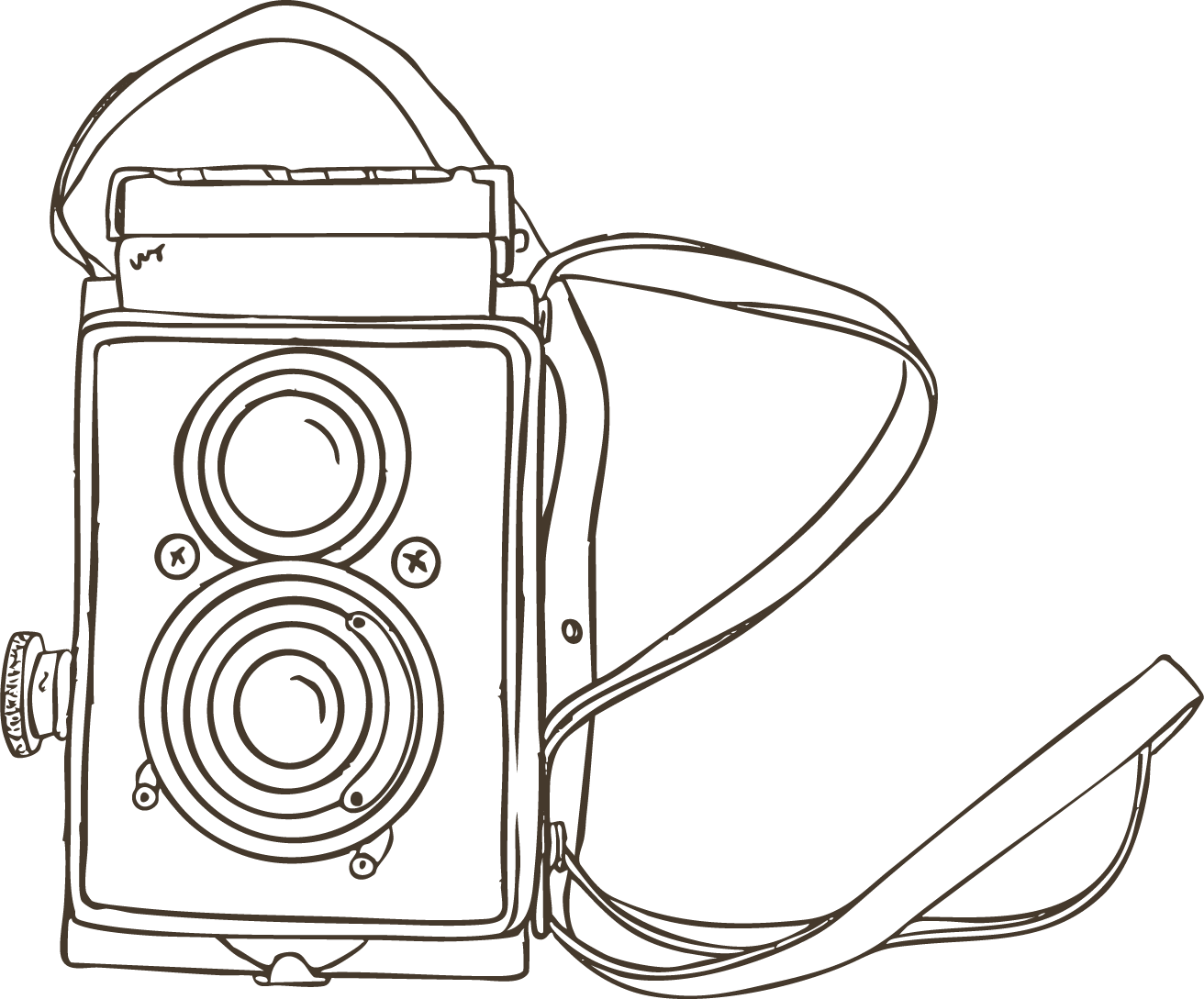 Line drawing of a vintage twin-lens reflex camera with a strap and lid open, revealing film inside.
