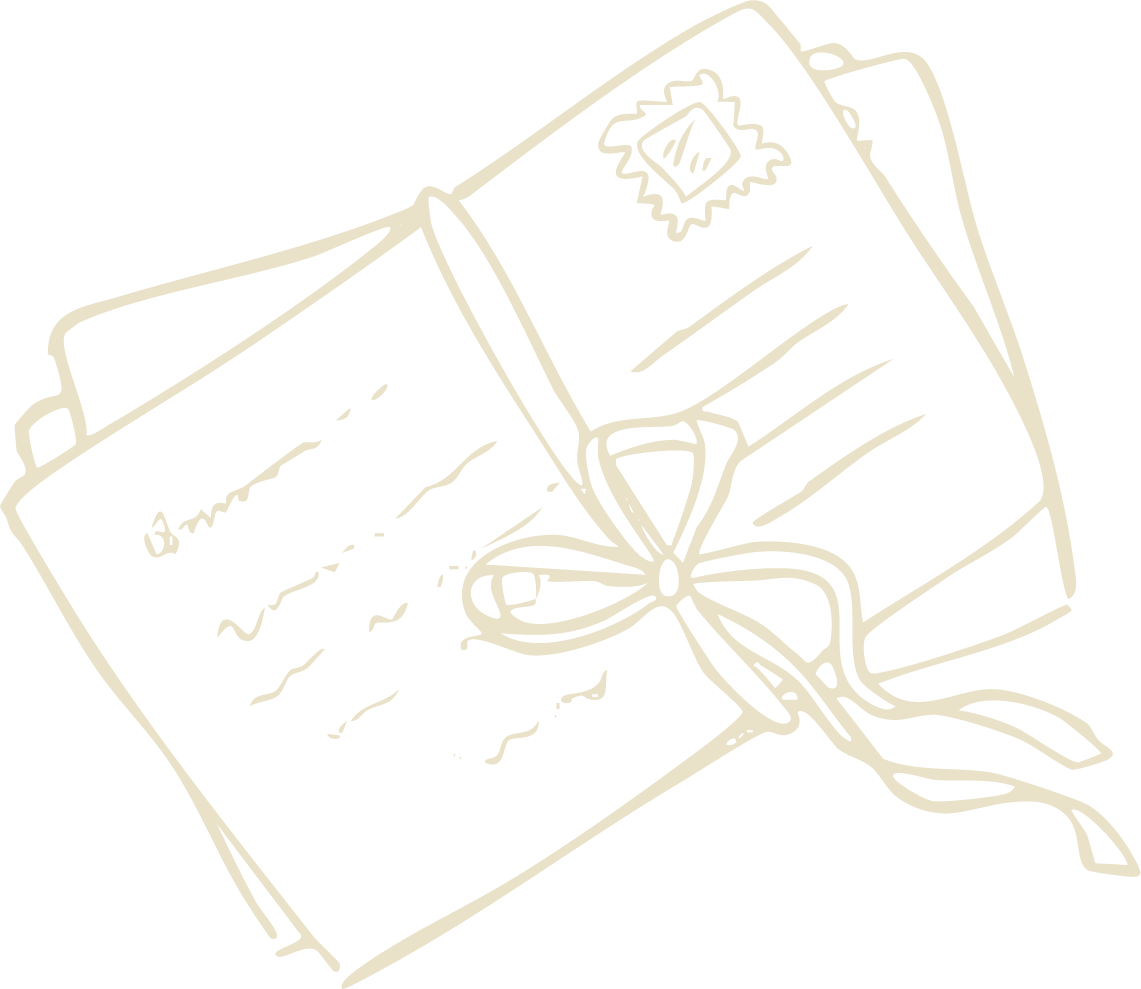 Black and white line drawing of a wrapped gift box with a ribbon and bow, featuring a postage stamp on top.