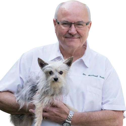 A smiling older man wearing glasses and a white collared shirt holding a small, fluffy dog.