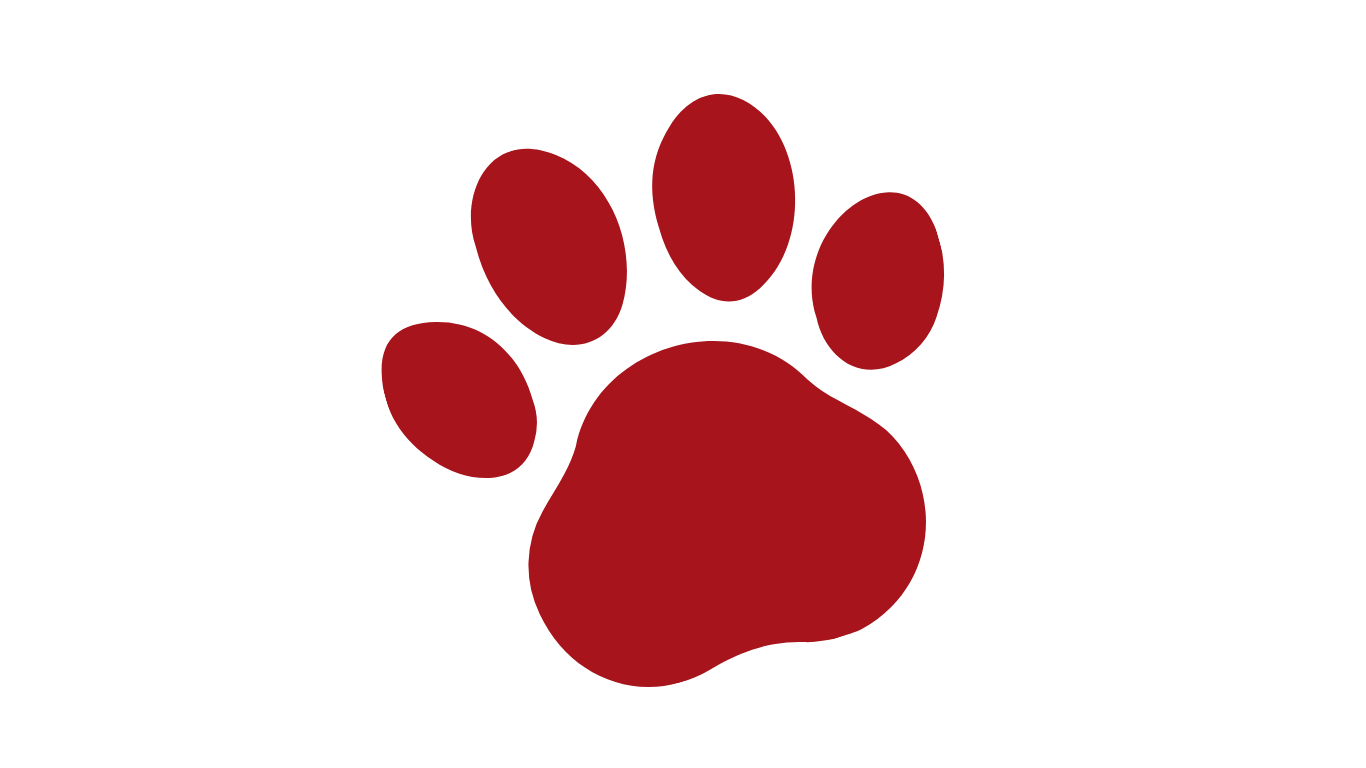 Red paw print logo with black background.