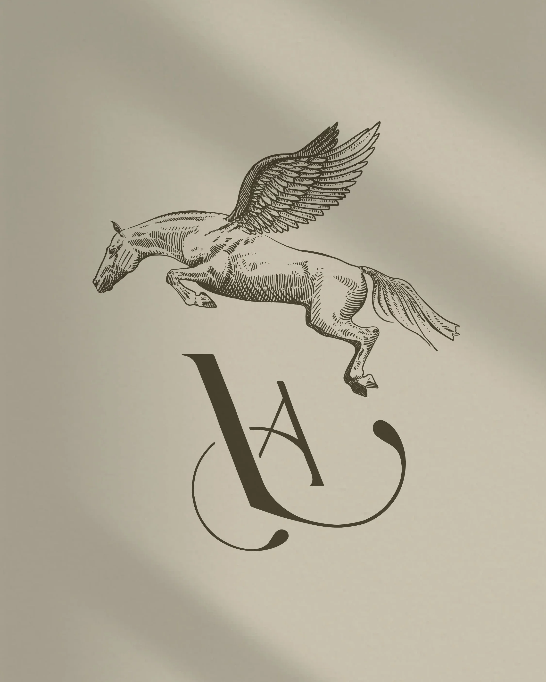 Larissa Ann Brand logo design with a drawing of a winged horse flying above stylized initials 'L' and 'A' on a neutral background.