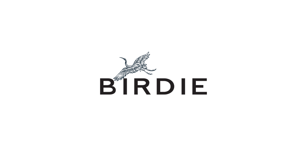 Logo with a flying bird above the word "BIRDIE" in black text.