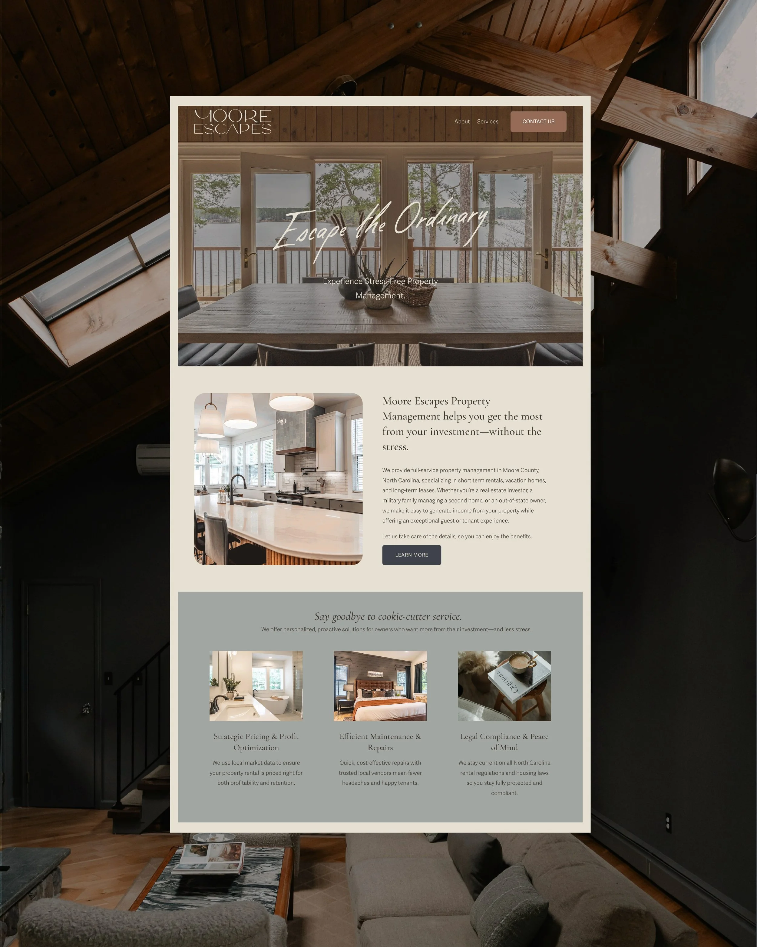 Website for Moore Escapes Property Management with images of a lake view from a porch and a modern kitchen interior.