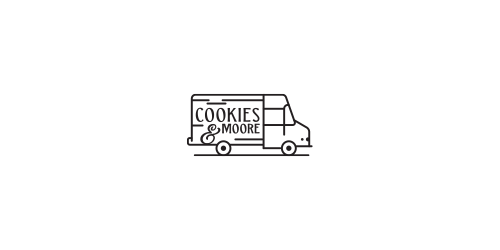 A logo drawing of a food truck with the words 'Cookies & Moore' on its side, traveling on a road.