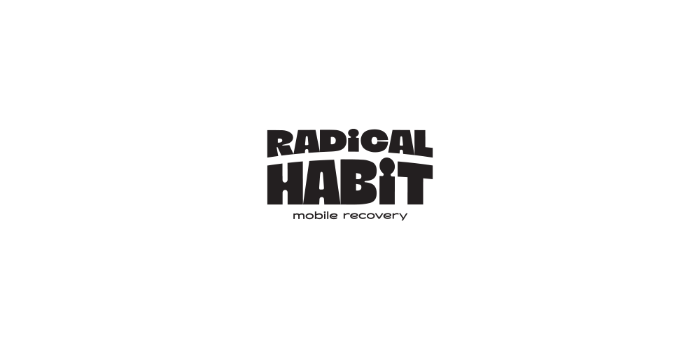 Black background with the logo design for "RADICAL HABIT" with the tagline "mobile recovery" in smaller text below.