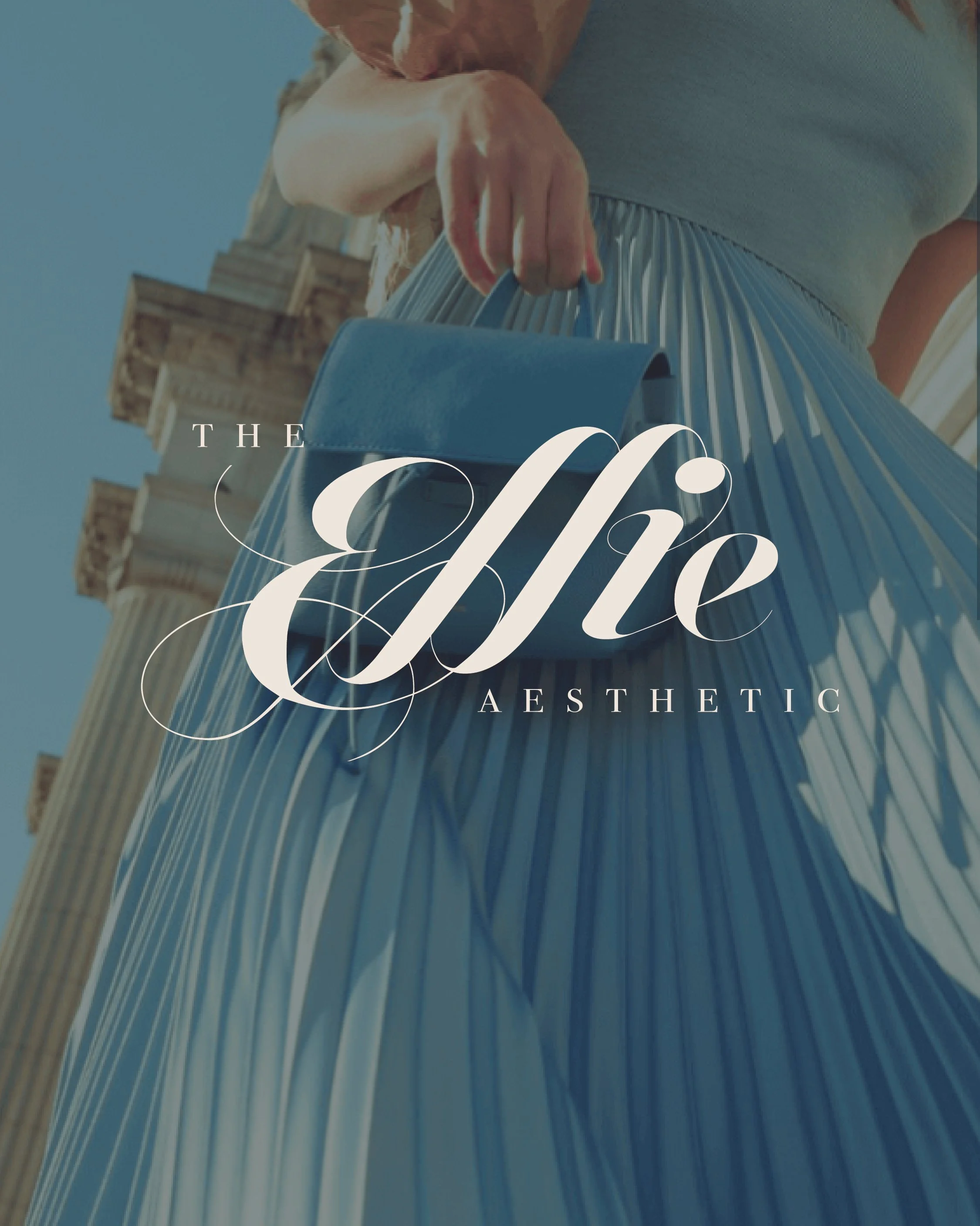 A person holding a blue purse and wearing a pleated skirt next to historic columns, with building architecture visible in the background, and overlaid text that reads 'The Elle Aesthetic.'