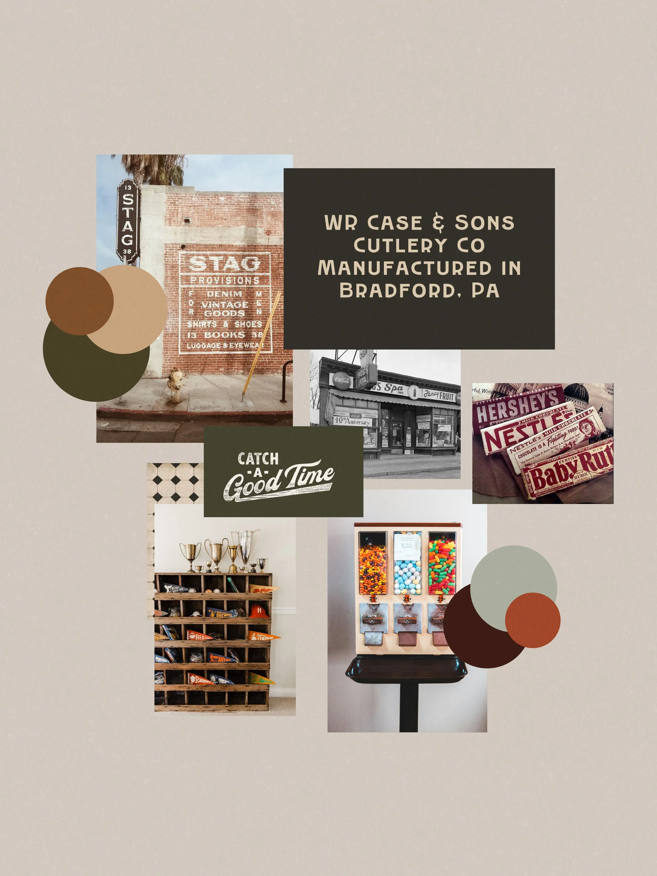 Collage of vintage storefront, candy vending machine, trophies, and chocolate bars with text about Bradford, PA, and catchphrase 'Catch a Good Time'.