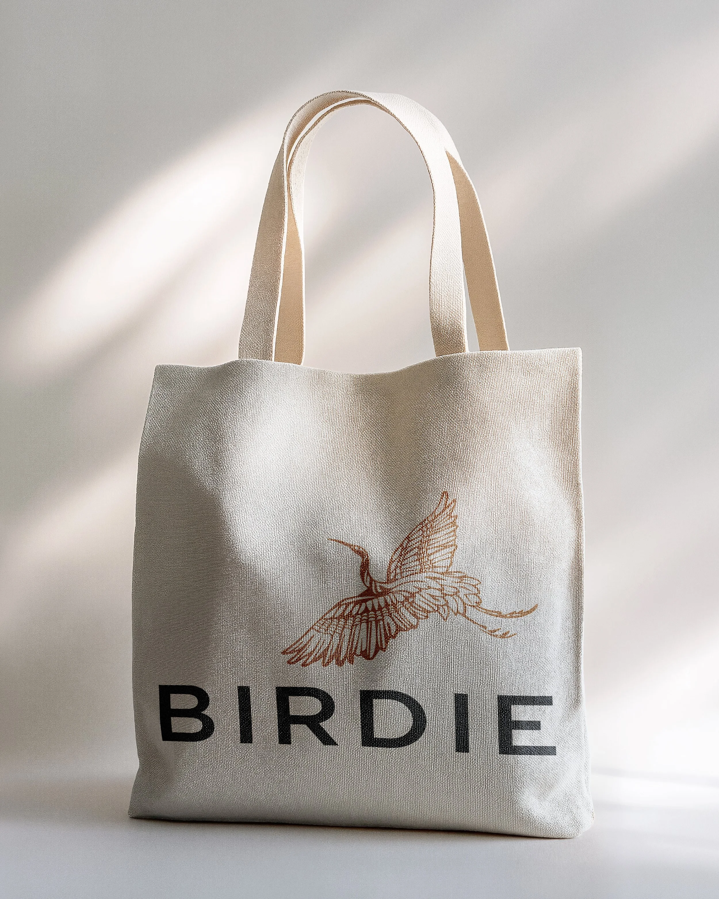 A beige fabric tote bag with the logo design for 'BIRDIE' with a japanese crane printed on it, placed against a background with soft lighting.