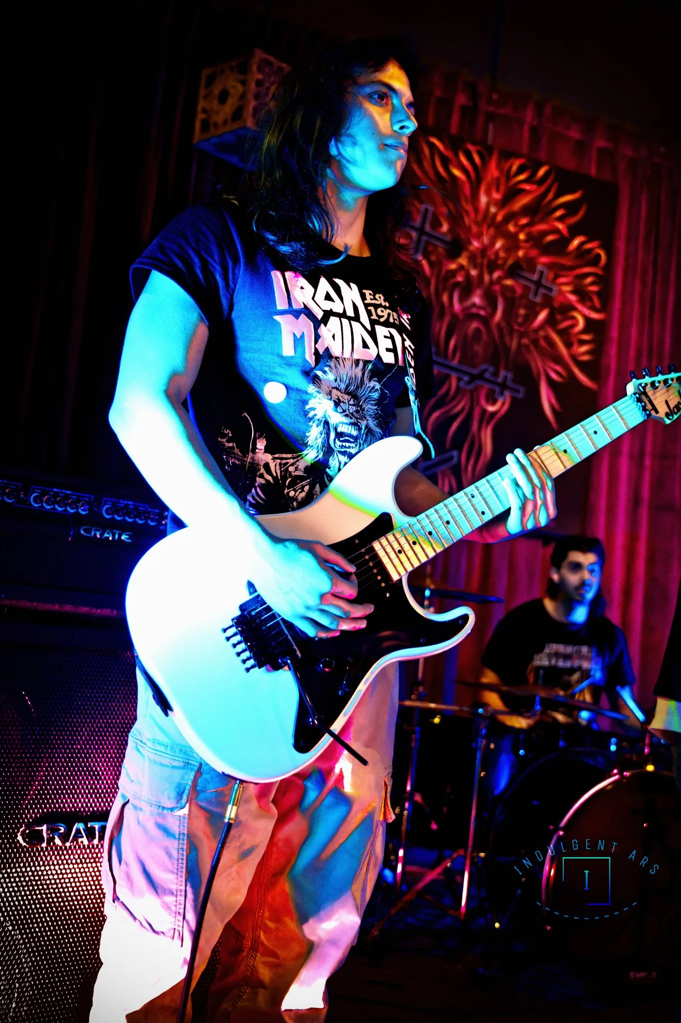 The Librarians' guitarist captured in action.