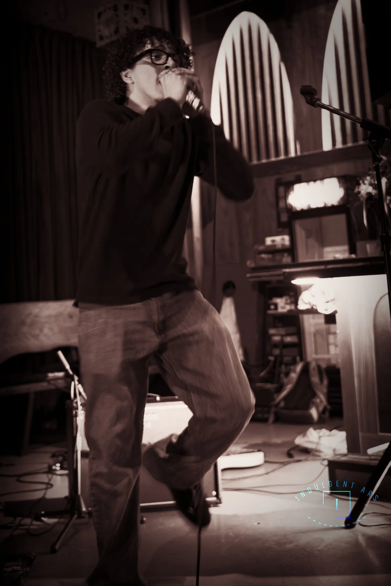 The Librarians' lead vocals captured in action, using high contrast B&W.  