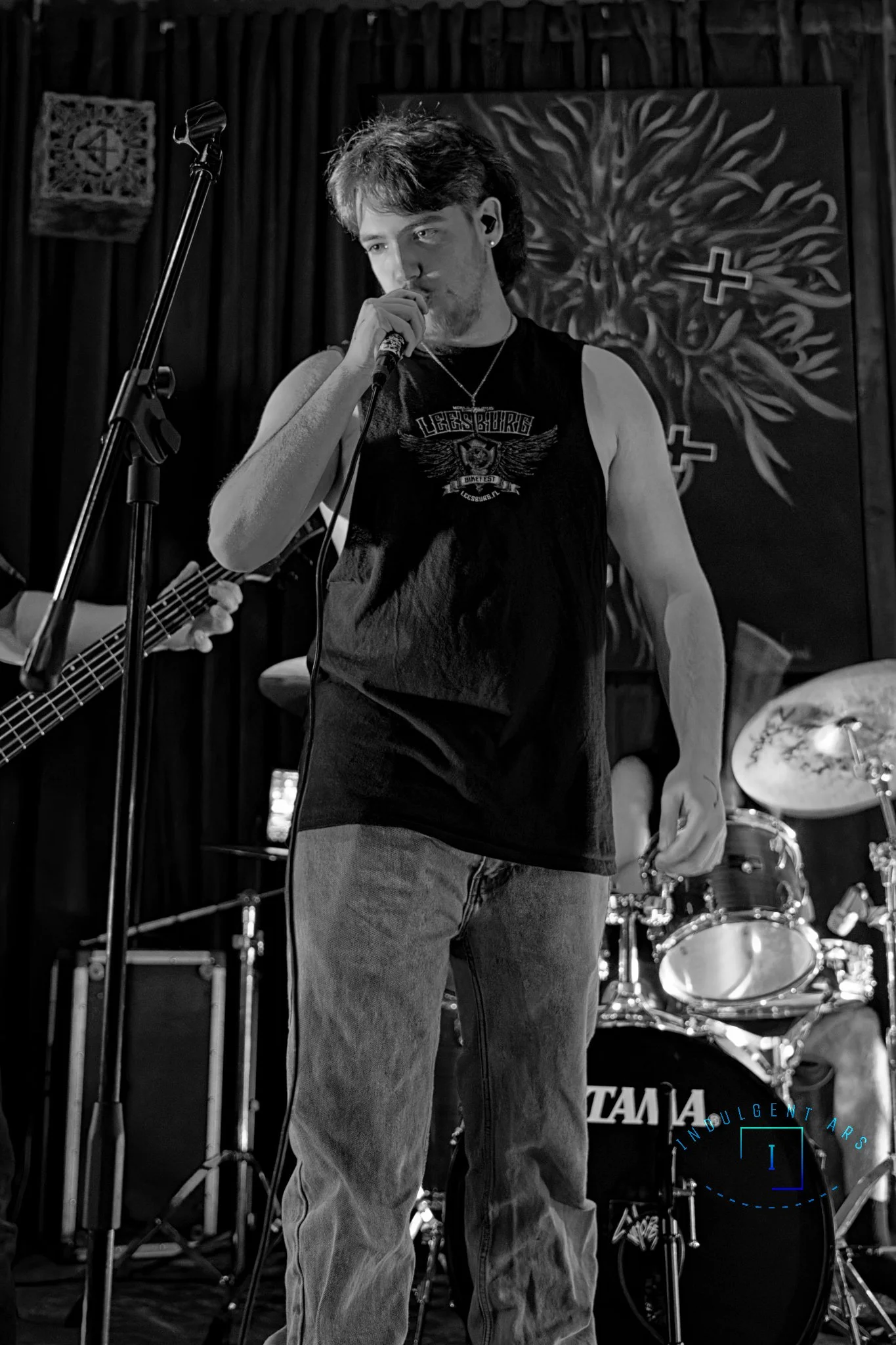 Corpse Corrosion's vocalist captured in action. This image is shot in high contrast B&W.