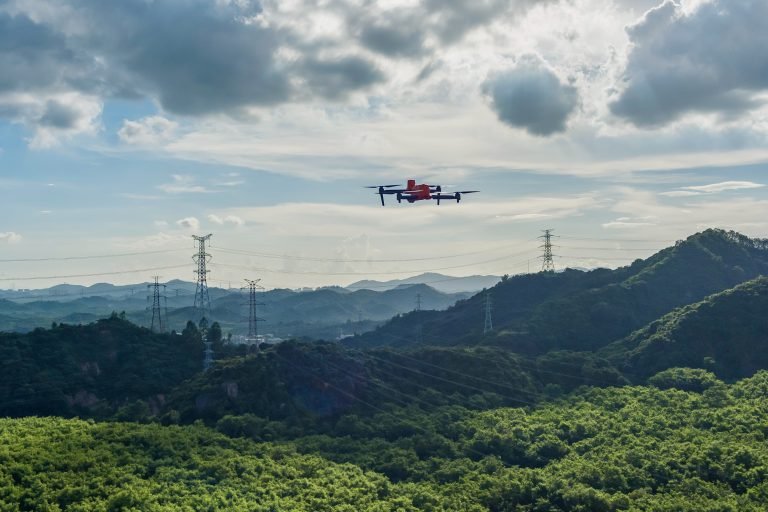 A drone in process of aerial inspection, canvassing, or mapping.