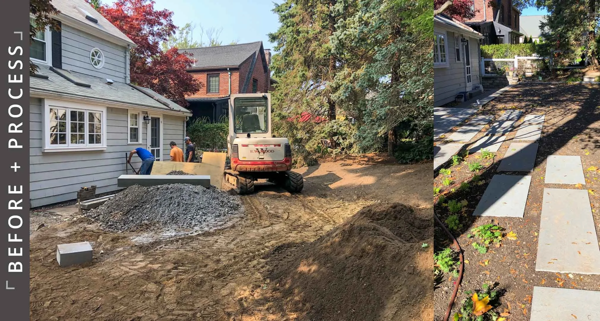 Before and process photos of project in Winchester, MA with re-grading and new lawn and plantings.