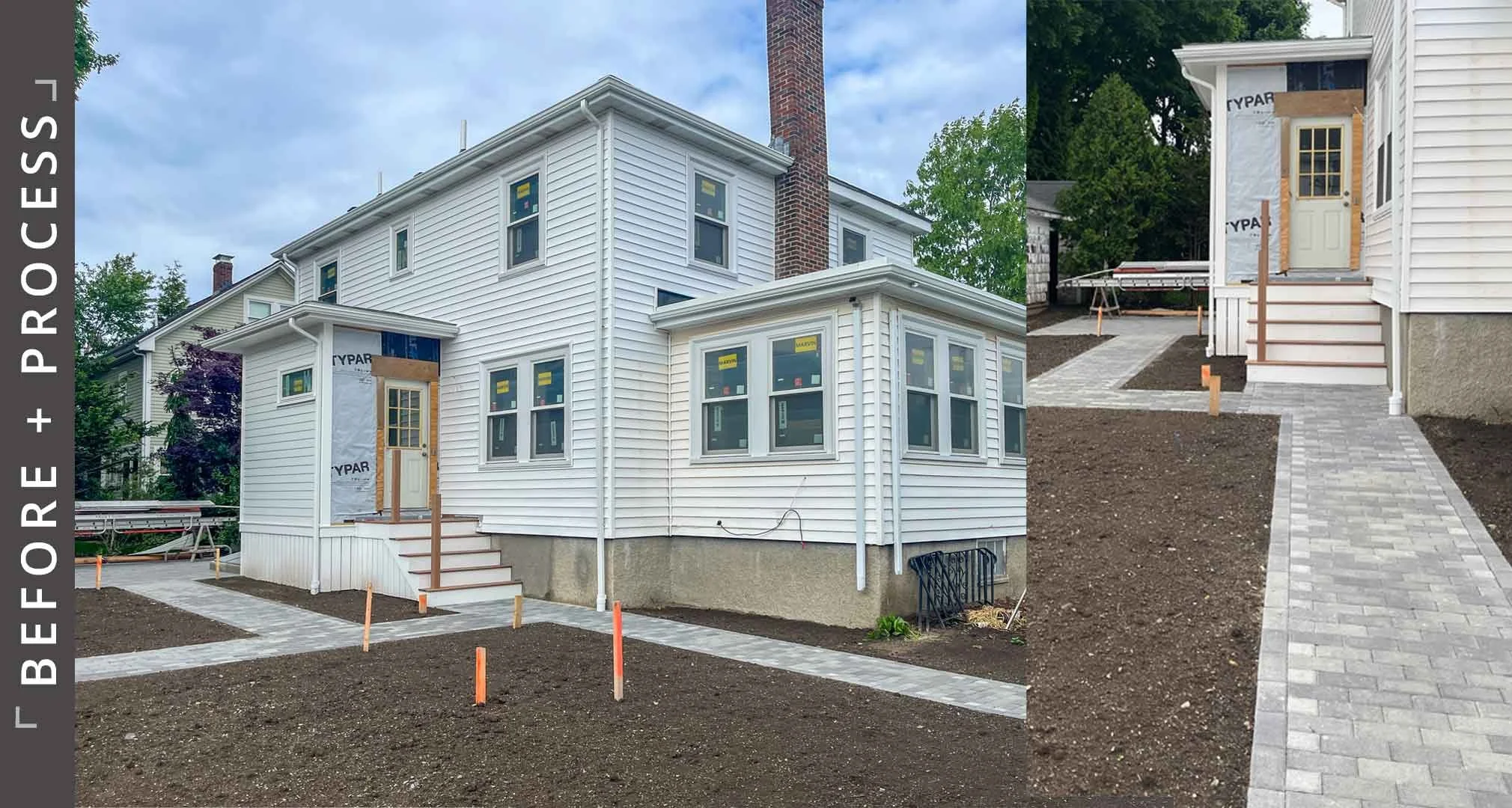 Before and process photos of project in Watertown, MA with bare soil and paths transformed into flowering perennial beds and shrubs.