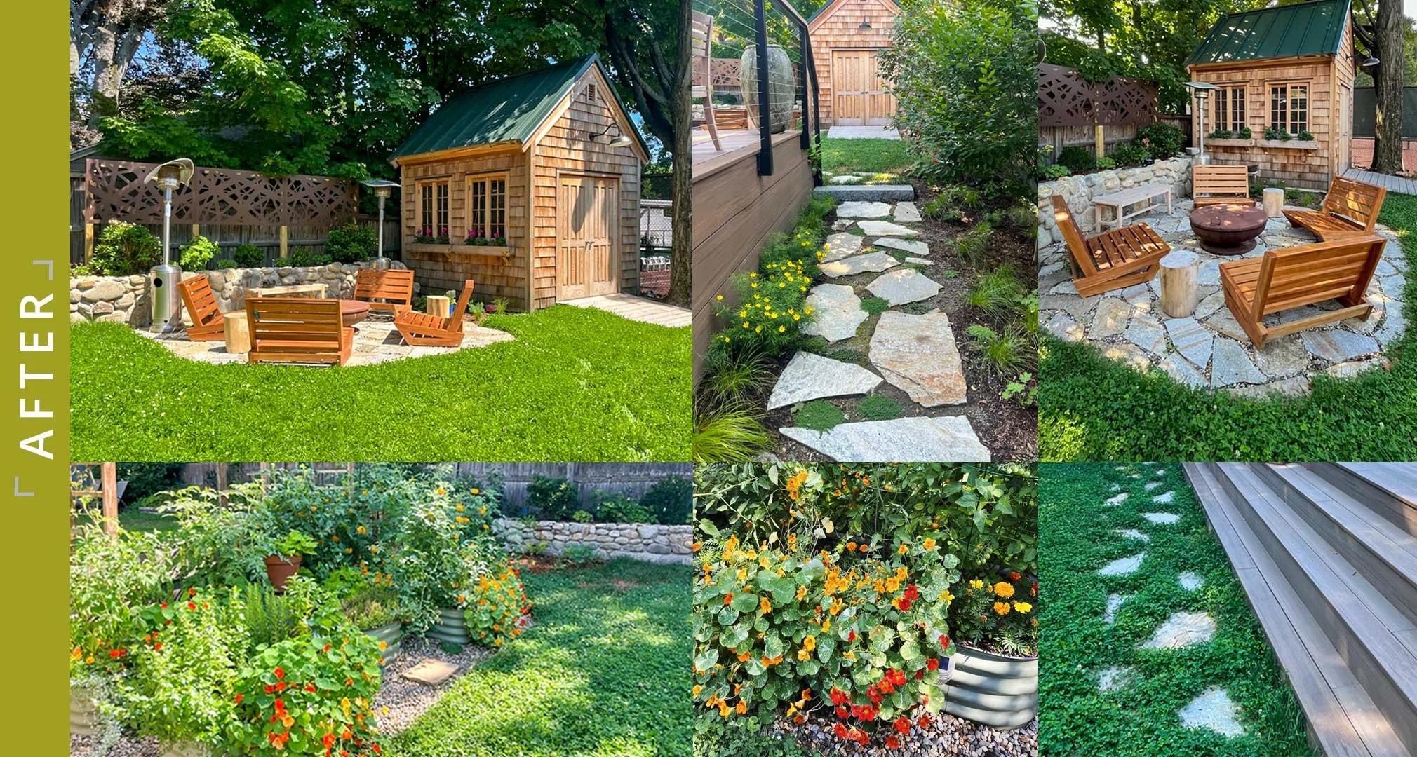 Project after collage including a small wooden playhouse, a stone pathway, a fire pit with wooden chairs, flower beds with colorful flowers, a grassy lawn, and decorative stepping stones on the grass.