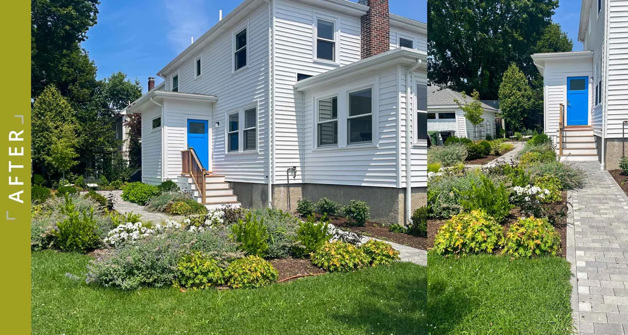 After photos of project in Watertown, MA with bare soil and paths transformed into flowering perennial beds and shrubs.