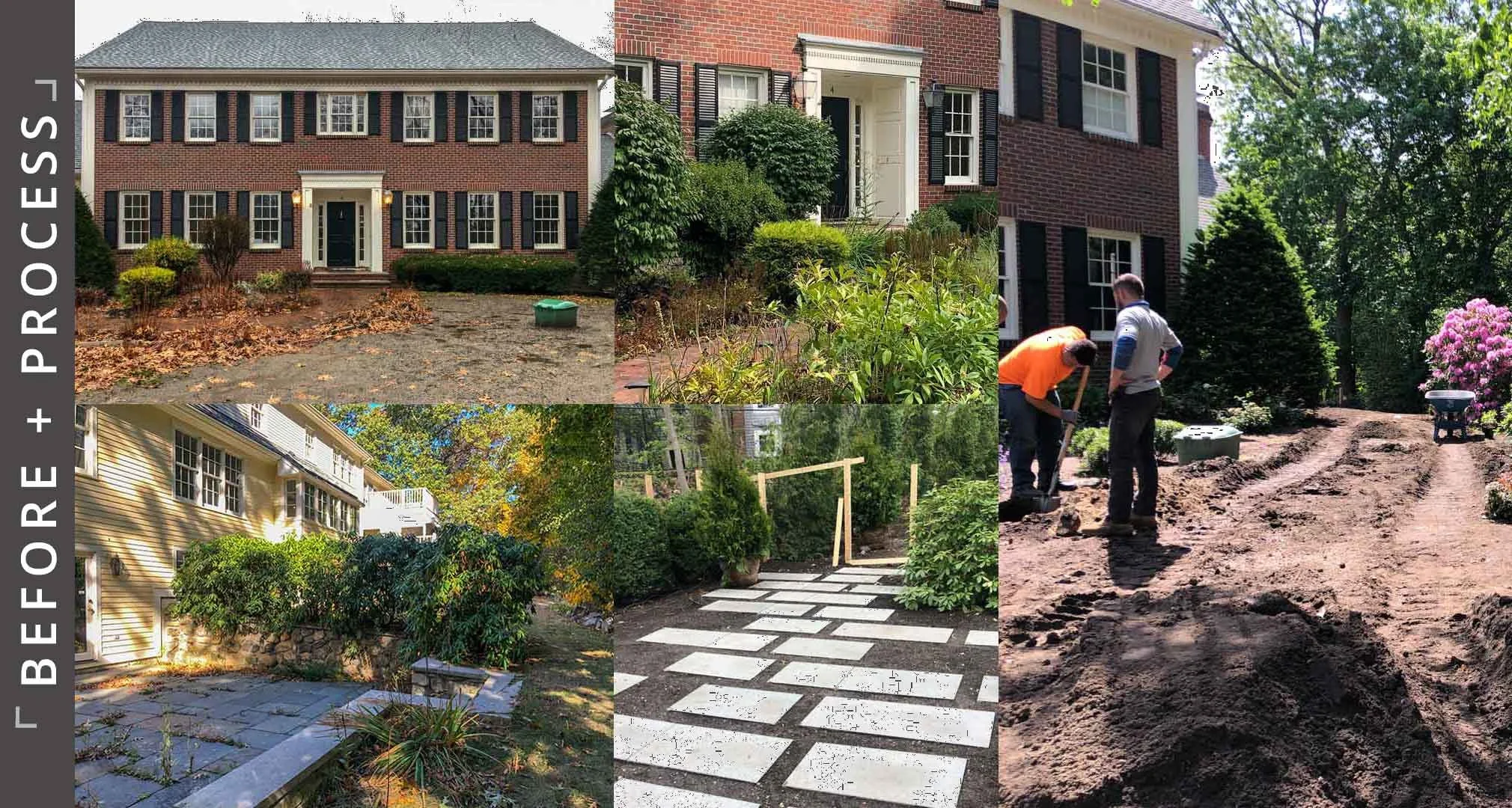 Before and process photos of project in Lexington, MA front and back yards with new hot tub, perennial and shrub plantings and paving.