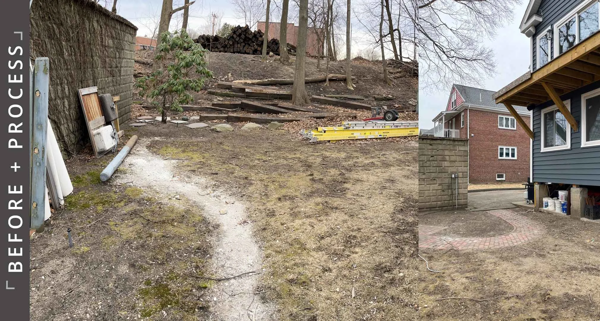 Before and process photos of backyard in Belmont, MA show transformation from barren backyard to lush plantings with outdoor stone patio seating area.