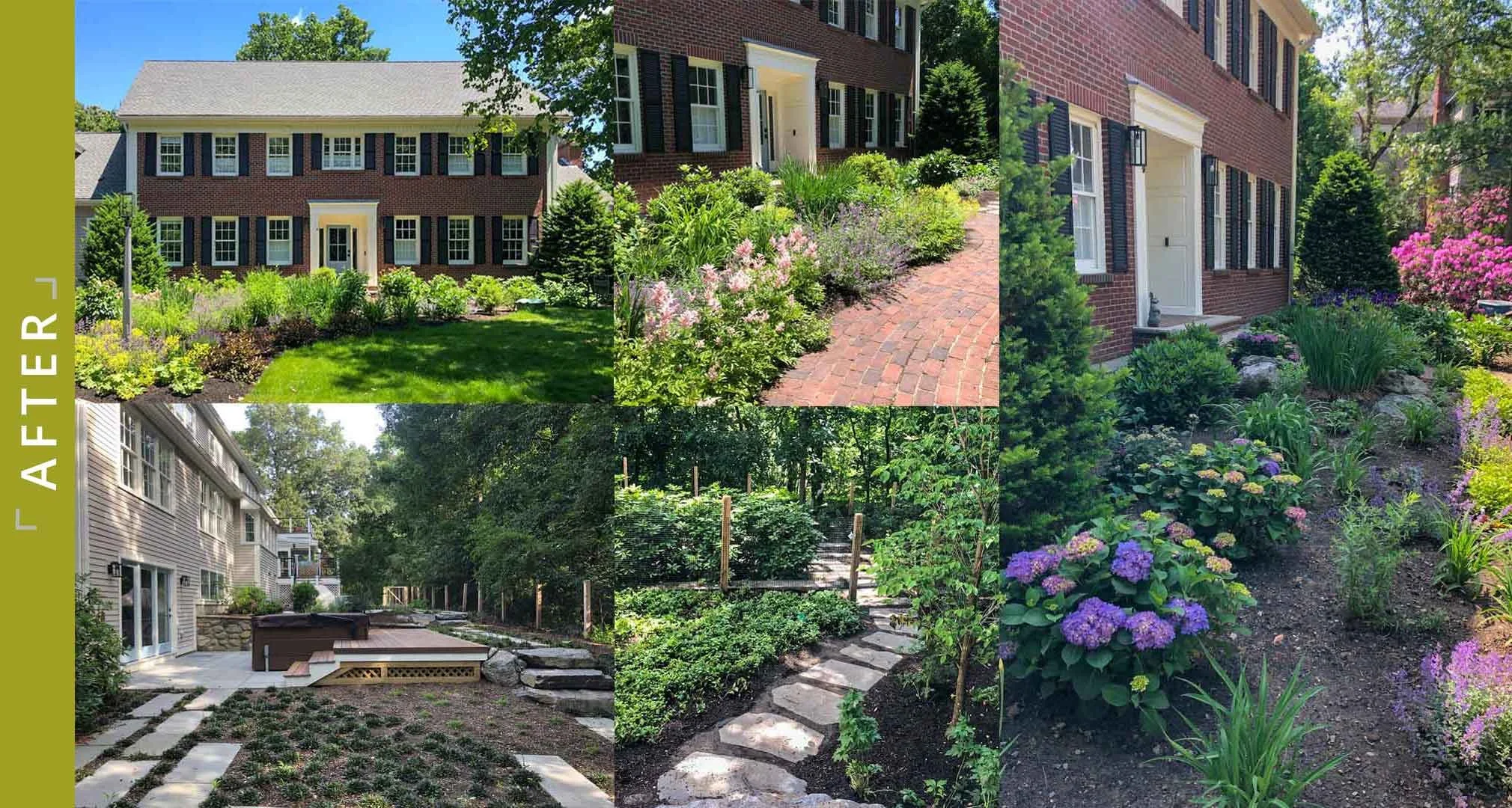 Project after collage including a landscaped backyard, garden beds with flowers, a brick pathway, a seating area, and a stone pathway with garden plants.