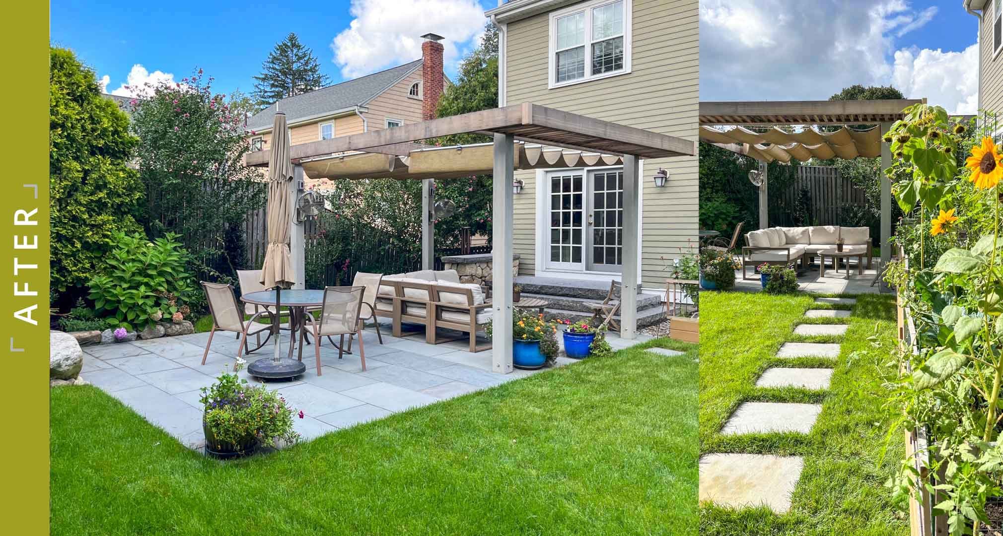 After photos of project in Belmont, MA showing new pergola with shade canopies and a large bluestone paved patio with steppers leading to raised garden beds.