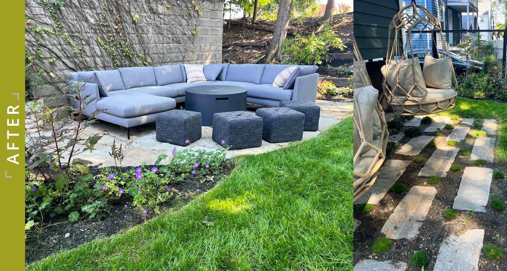 After photos of backyard in Belmont, MA show transformation from barren backyard to lush plantings with outdoor stone patio seating area.