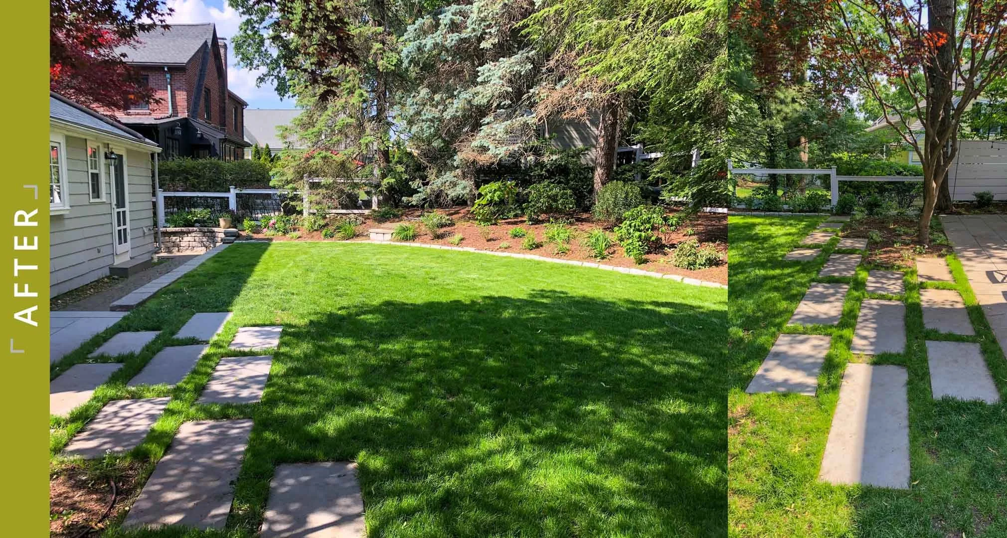 After photos of project in Winchester, MA with re-grading and new lawn and plantings.