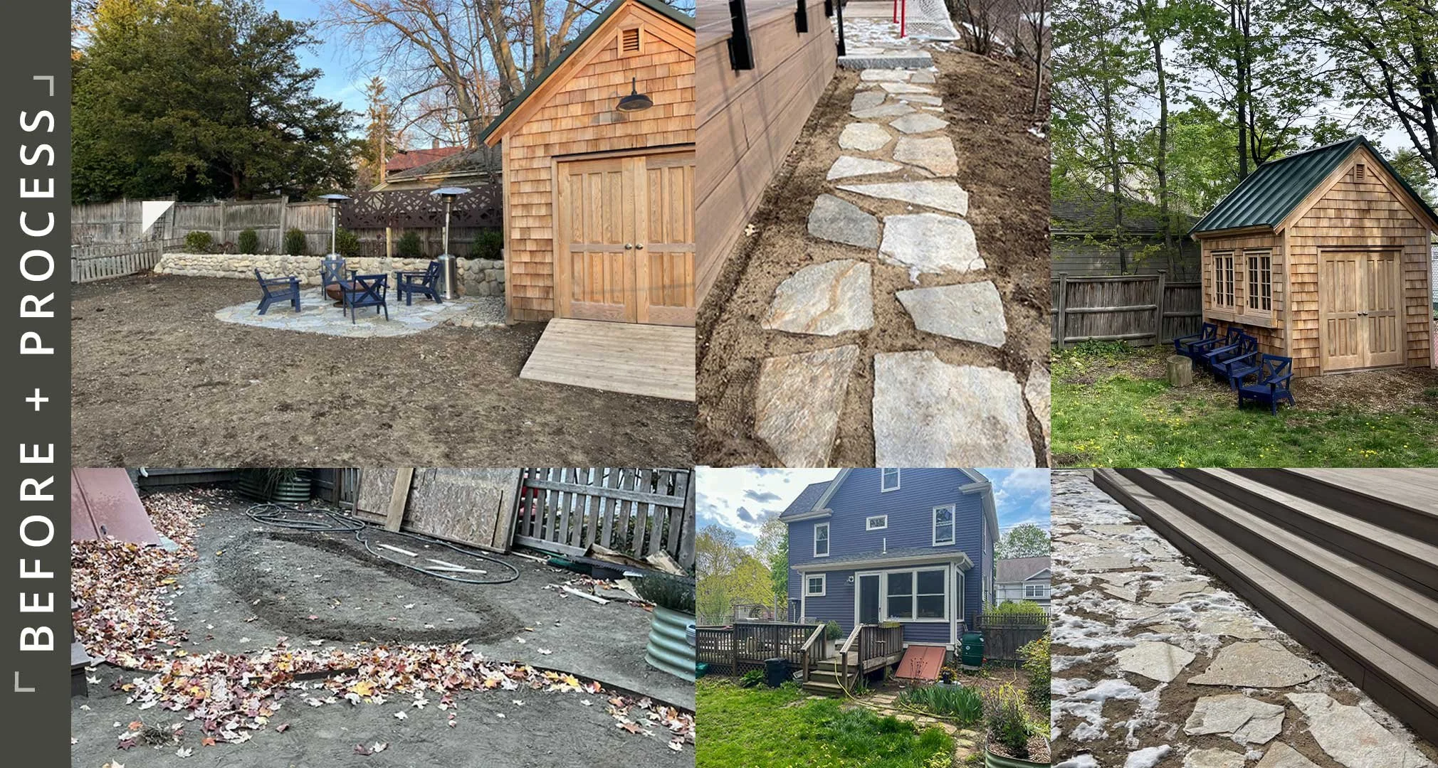 Before and process photos of project in Belmont, MA backyard with new patio, stone retaining wall and deck.
