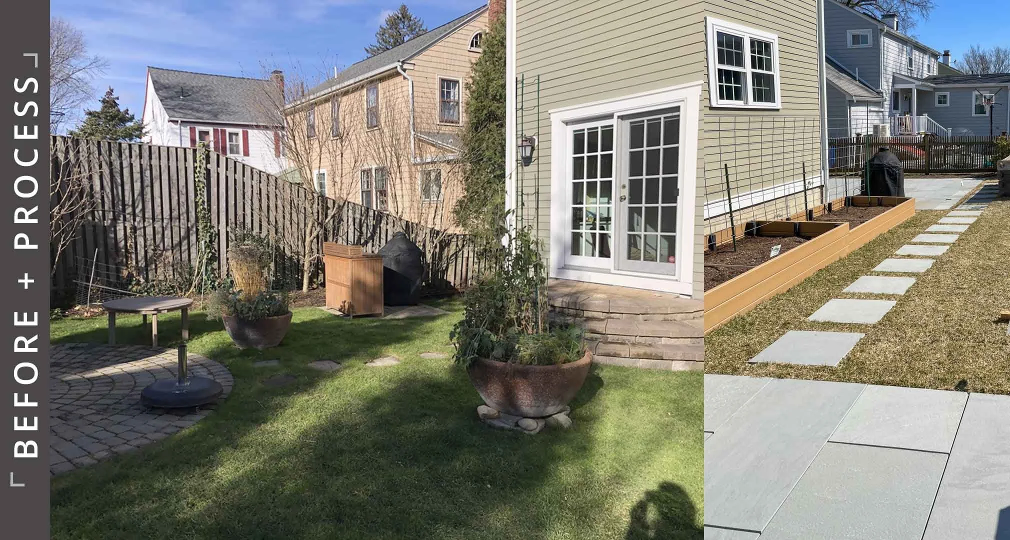 Before and process photos of project in Belmont, MA showing new pergola with shade canopies and a large bluestone paved patio with steppers leading to raised garden beds.