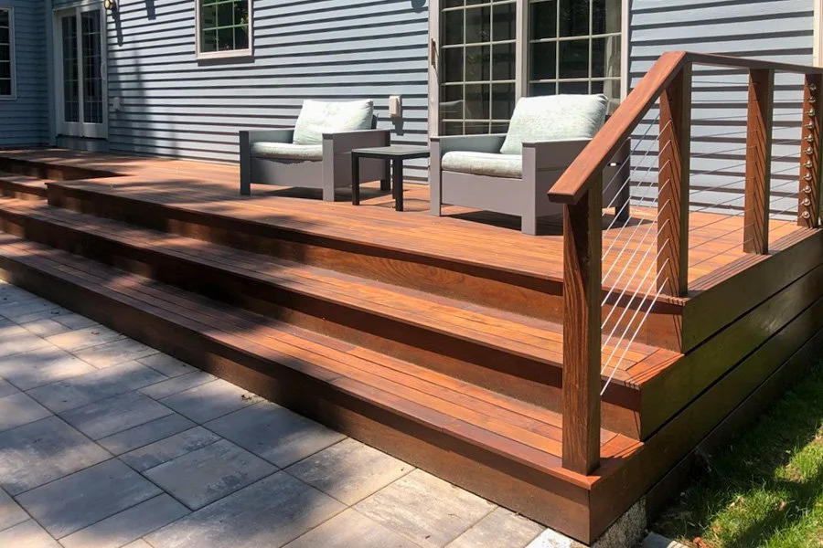  Stepped Ipe wood deck with wood and stainless steel and turnbuckle handrails 