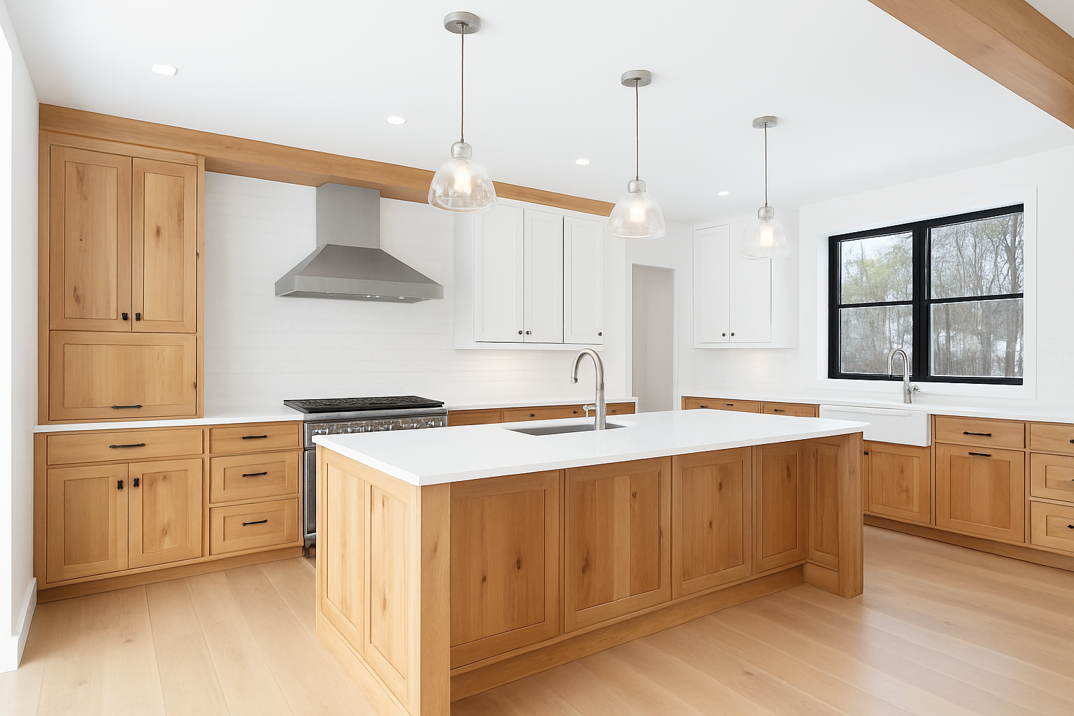 Modern kitchen with wooden cabinets, a white island with a sink, a large window, and a stainless steel range hood.