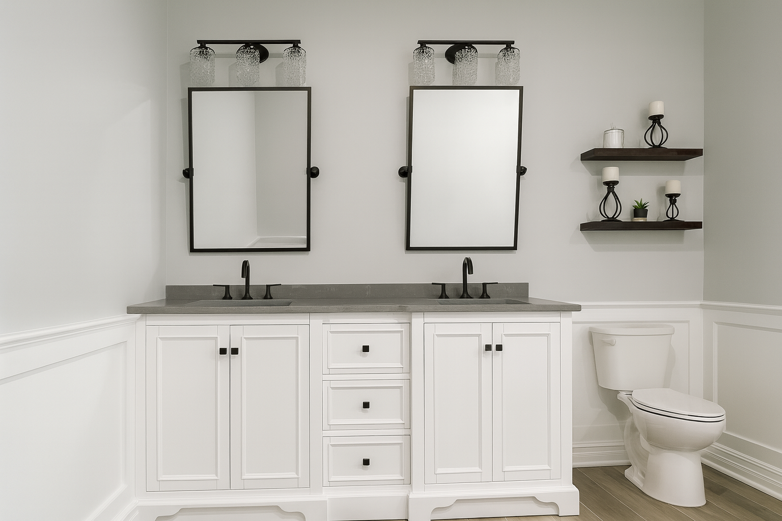 A modern bathroom with a double vanity, two mirrors, black faucets, and wall-mounted light fixtures. To the right, a toilet is visible, with wooden shelves above holding decorative candles and a small potted plant.