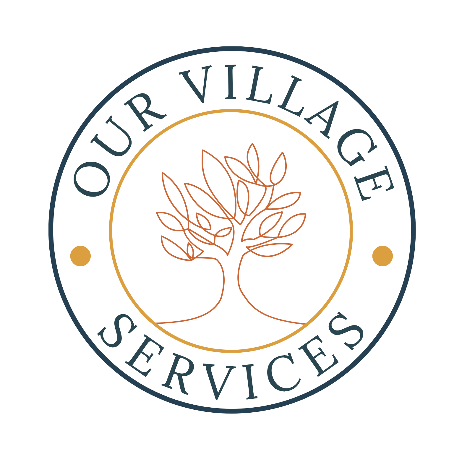 Logo for Our Village Service featuring a stylized tree with branches and leaves enclosed in a circle, with the text "Our Village" at the top and "Services" at the bottom.