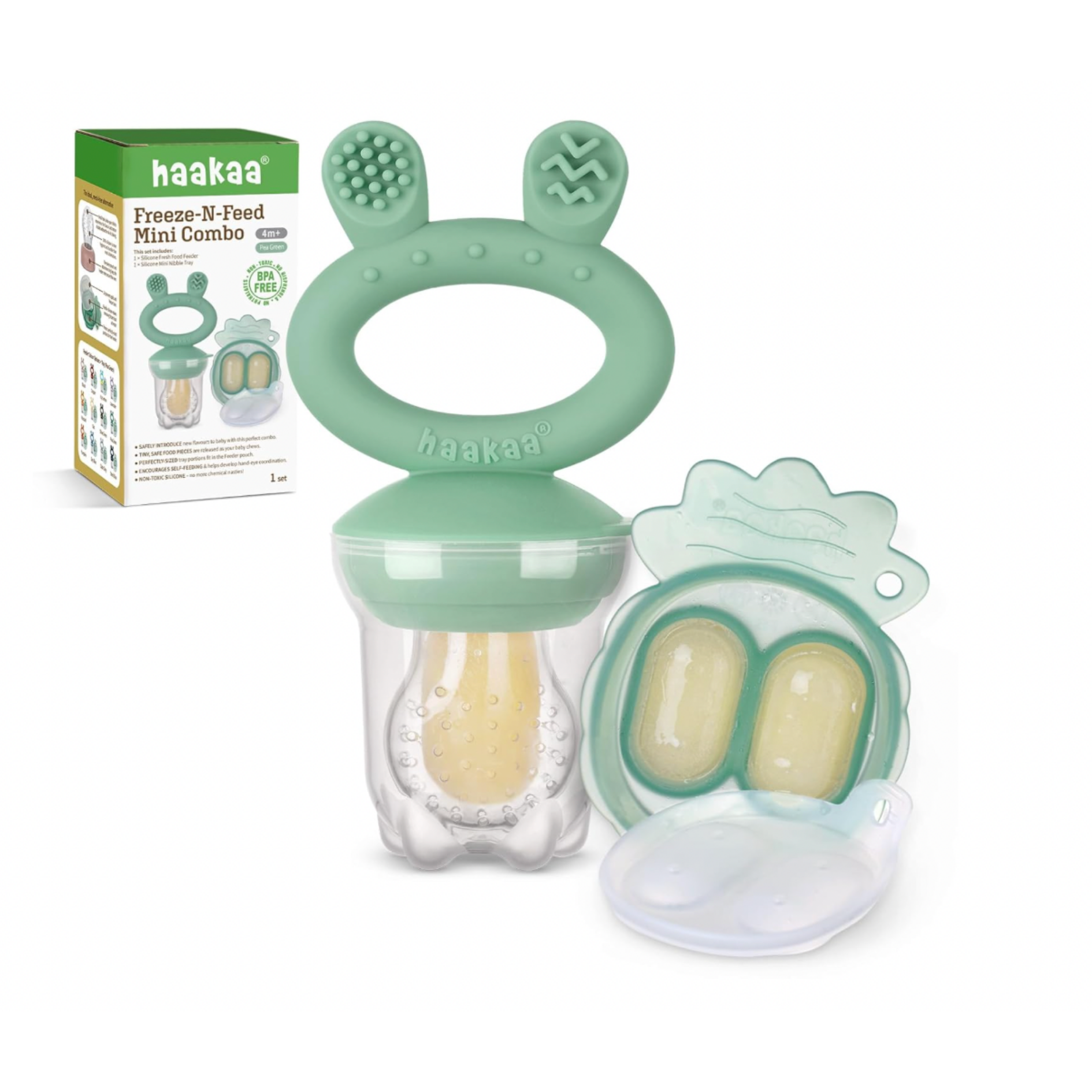 Green Haakaa Freeze-N-Feed Mini Combo baby feeder with silicone handle, two ice molds, and product packaging.